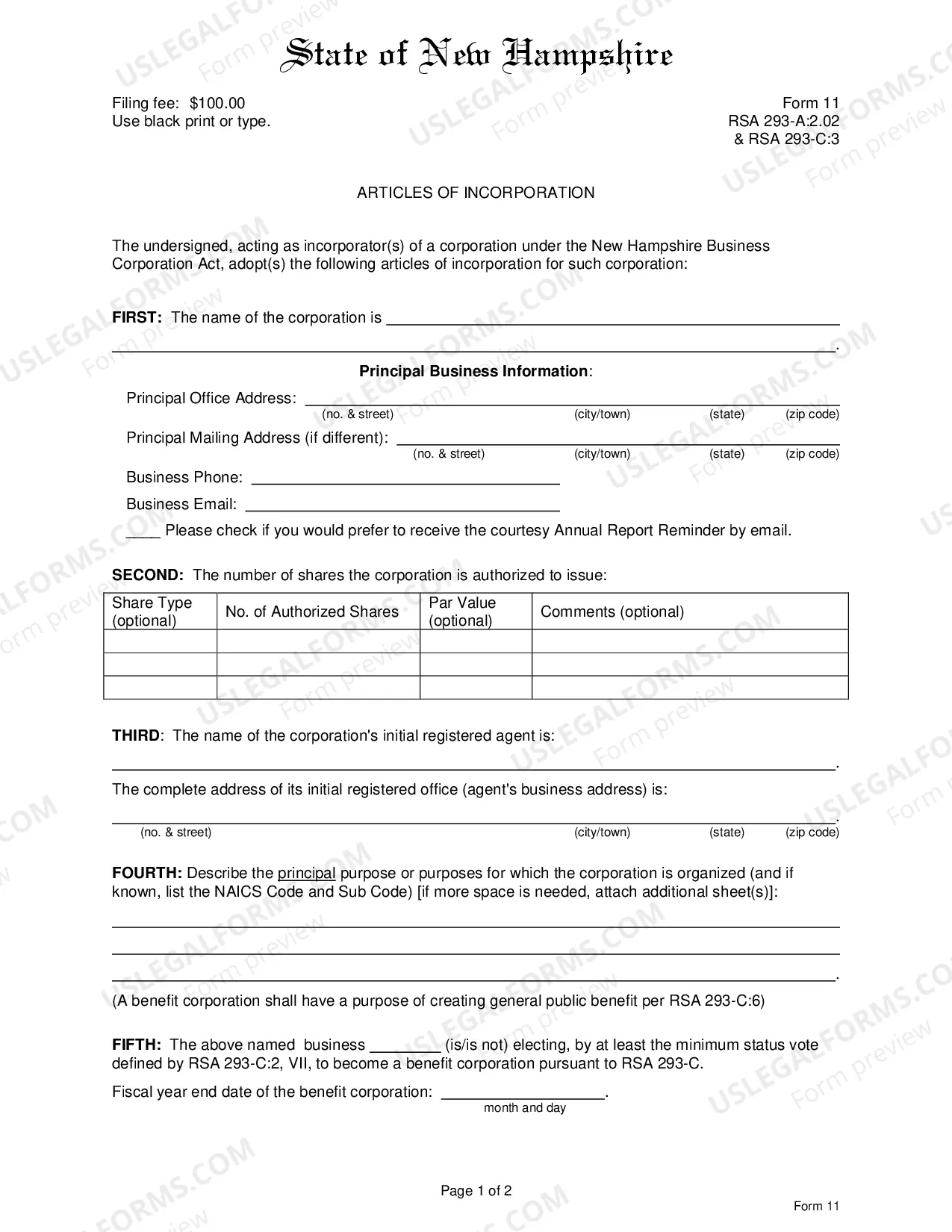 Preview New Hampshire Articles of Incorporation for Domestic For-Profit Corporation