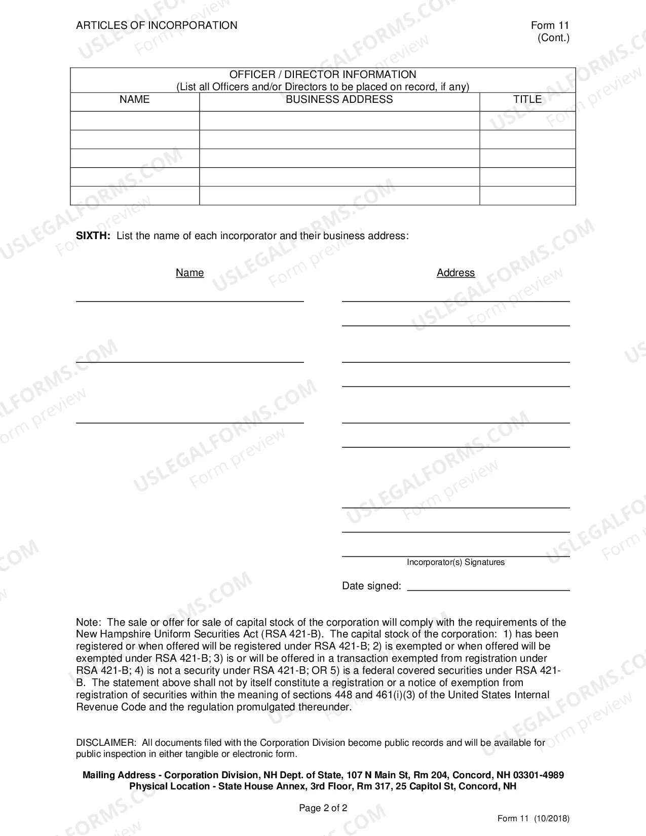 Preview New Hampshire Articles of Incorporation for Domestic For-Profit Corporation
