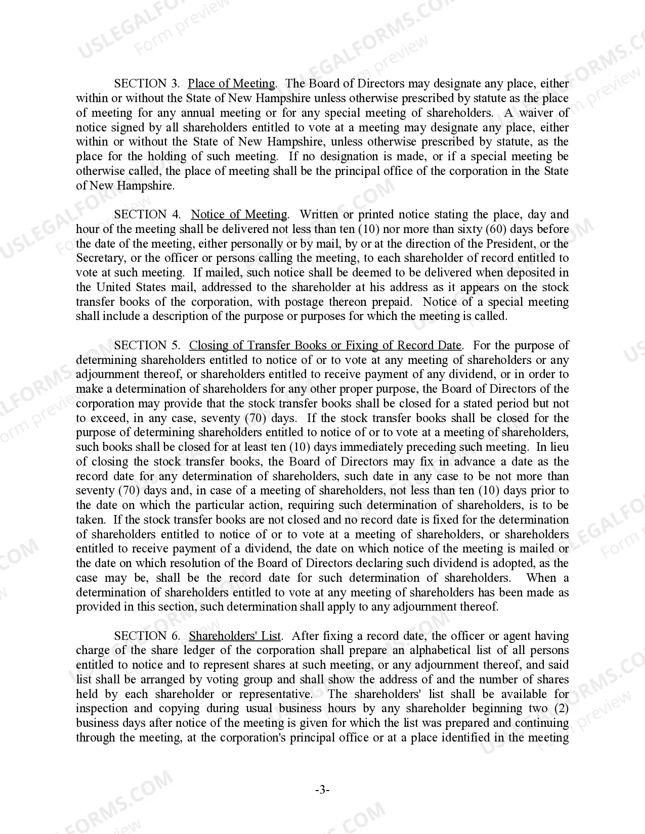 Preview New Hampshire Bylaws for Corporation