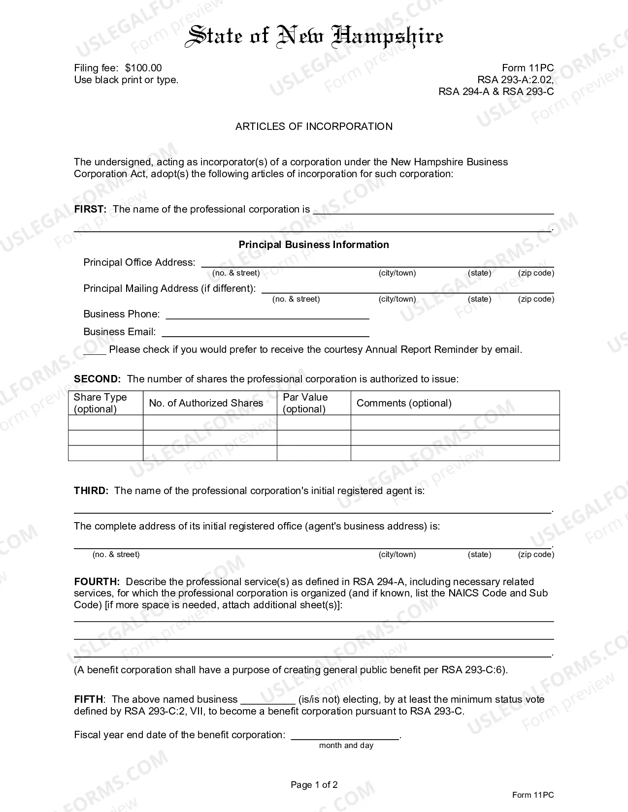 Preview New Hampshire Articles of Incorporation for Domestic Professional Corporation