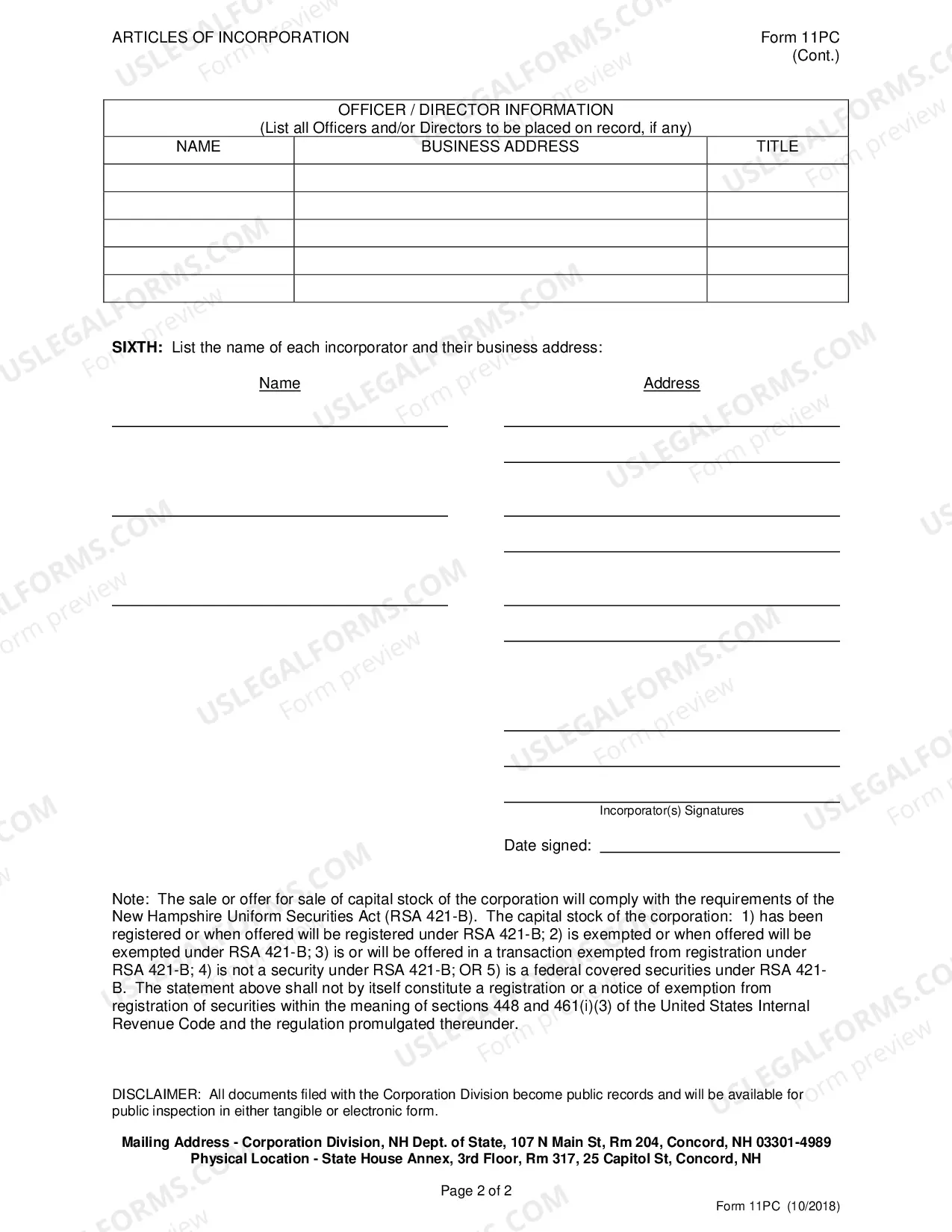 Preview New Hampshire Articles of Incorporation for Domestic Professional Corporation