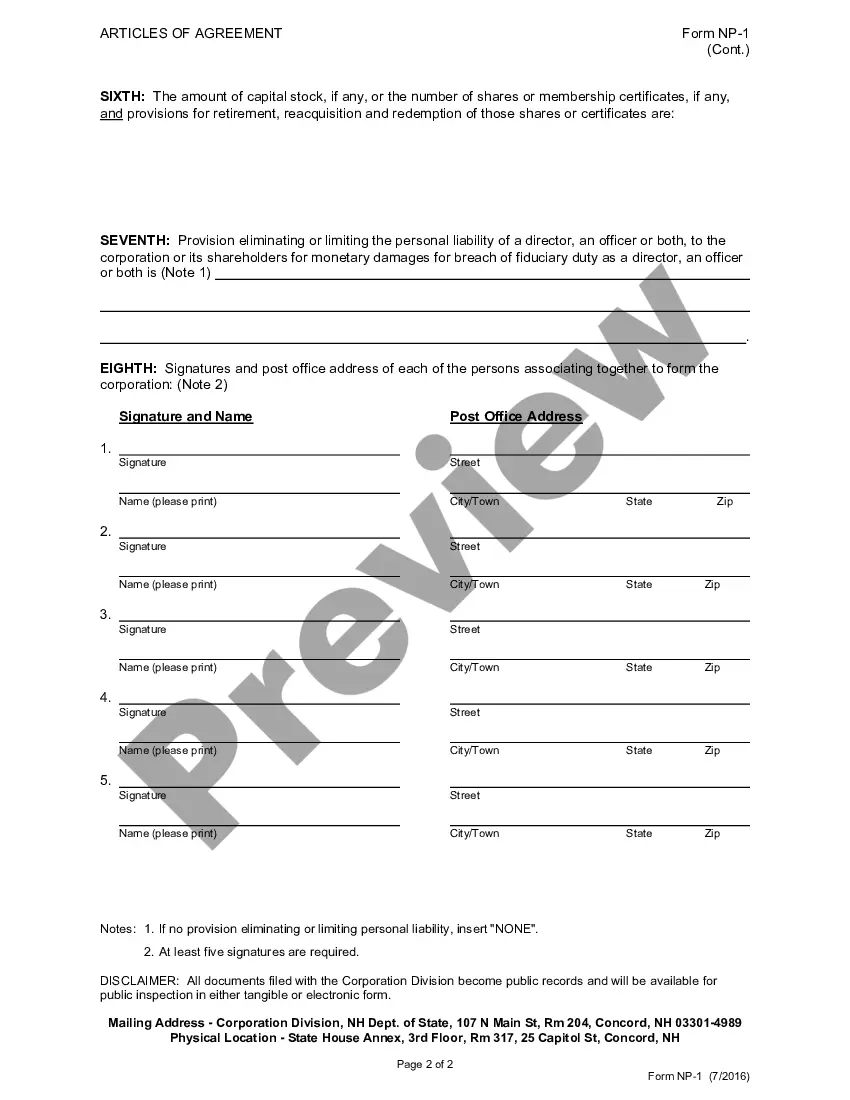 Get New Hampshire Articles of Agreement for Domestic Nonprofit Corporation Preview New Hampshire Articles of Agreement for Domestic Nonprofit Corporation