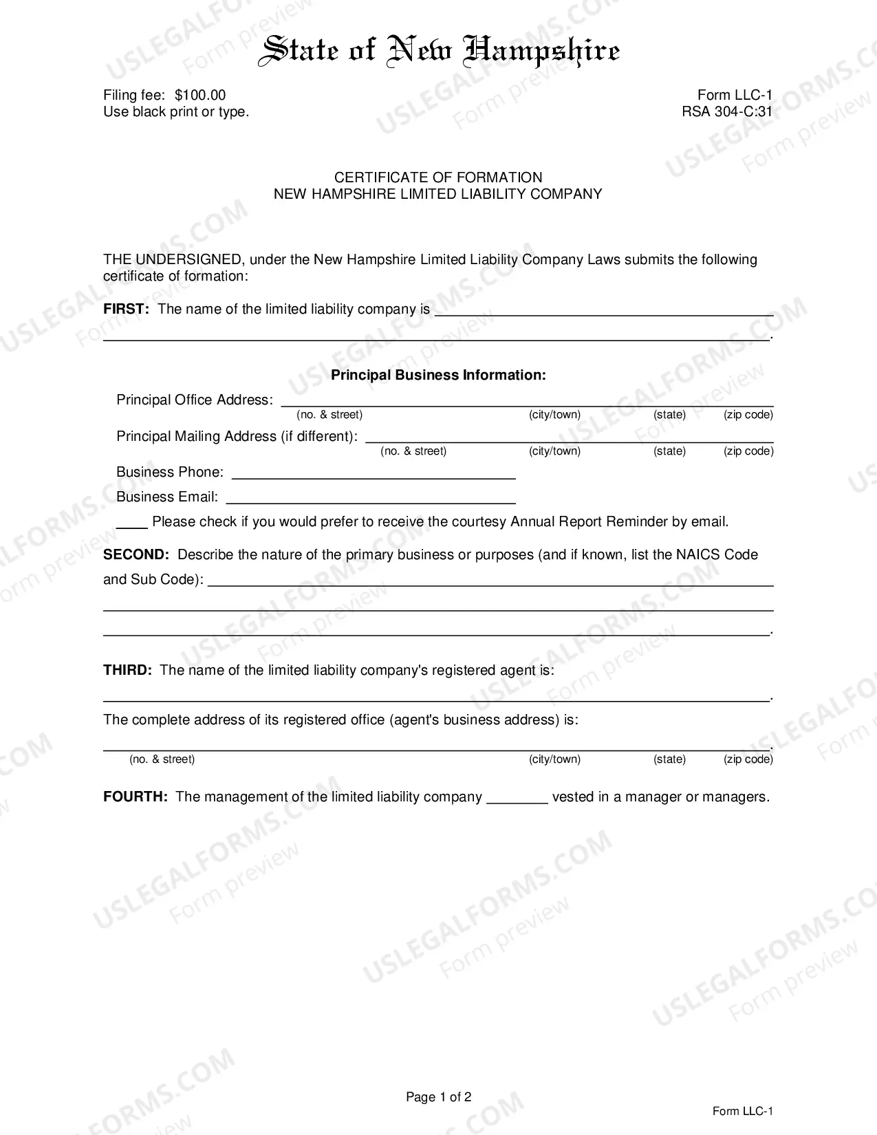 Preview New Hampshire Certificate of Formation for Domestic Limited Liability Company LLC