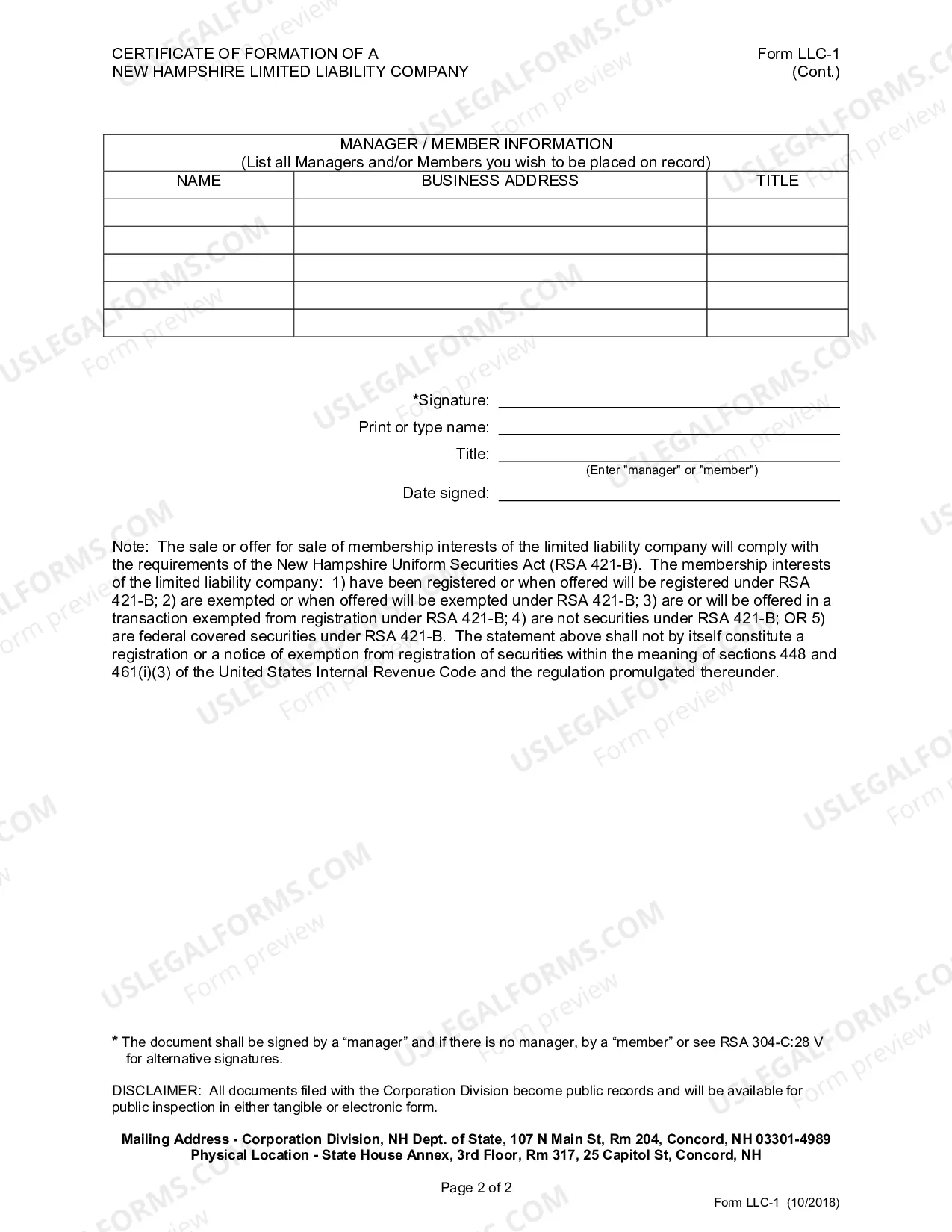 Preview New Hampshire Certificate of Formation for Domestic Limited Liability Company LLC