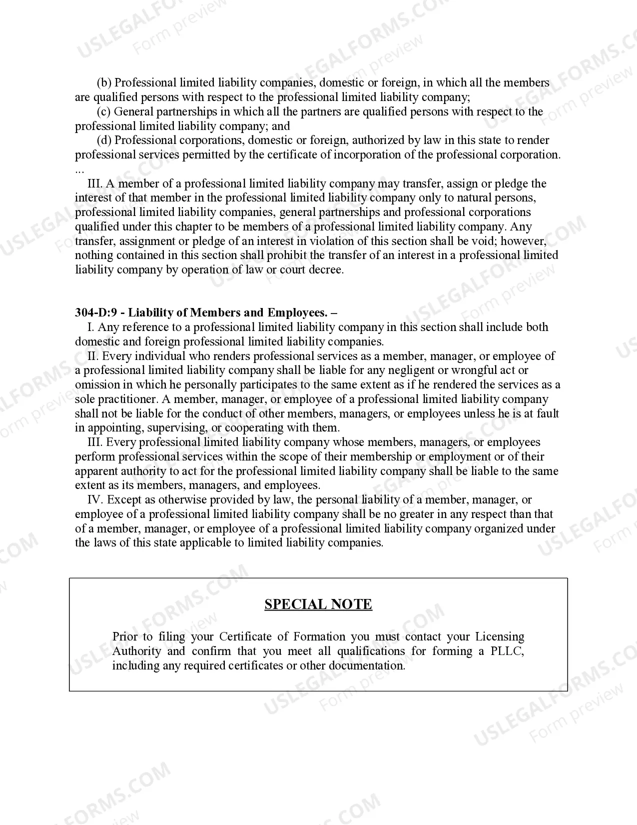 Preview New Hampshire Professional Limited Liability Company PLLC Formation Package