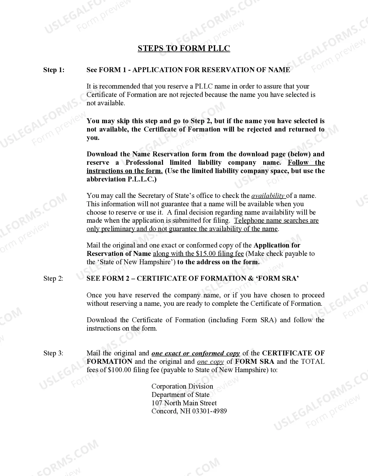 Preview New Hampshire Professional Limited Liability Company PLLC Formation Package