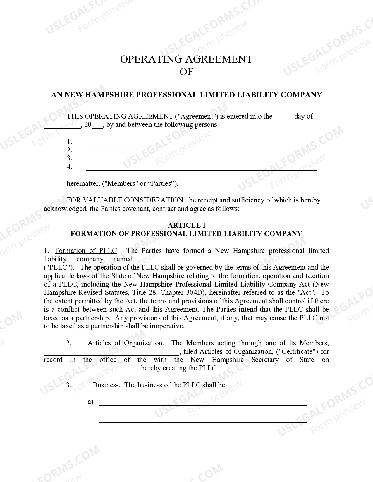 Preview New Hampshire Professional Limited Liability Company PLLC Formation Package