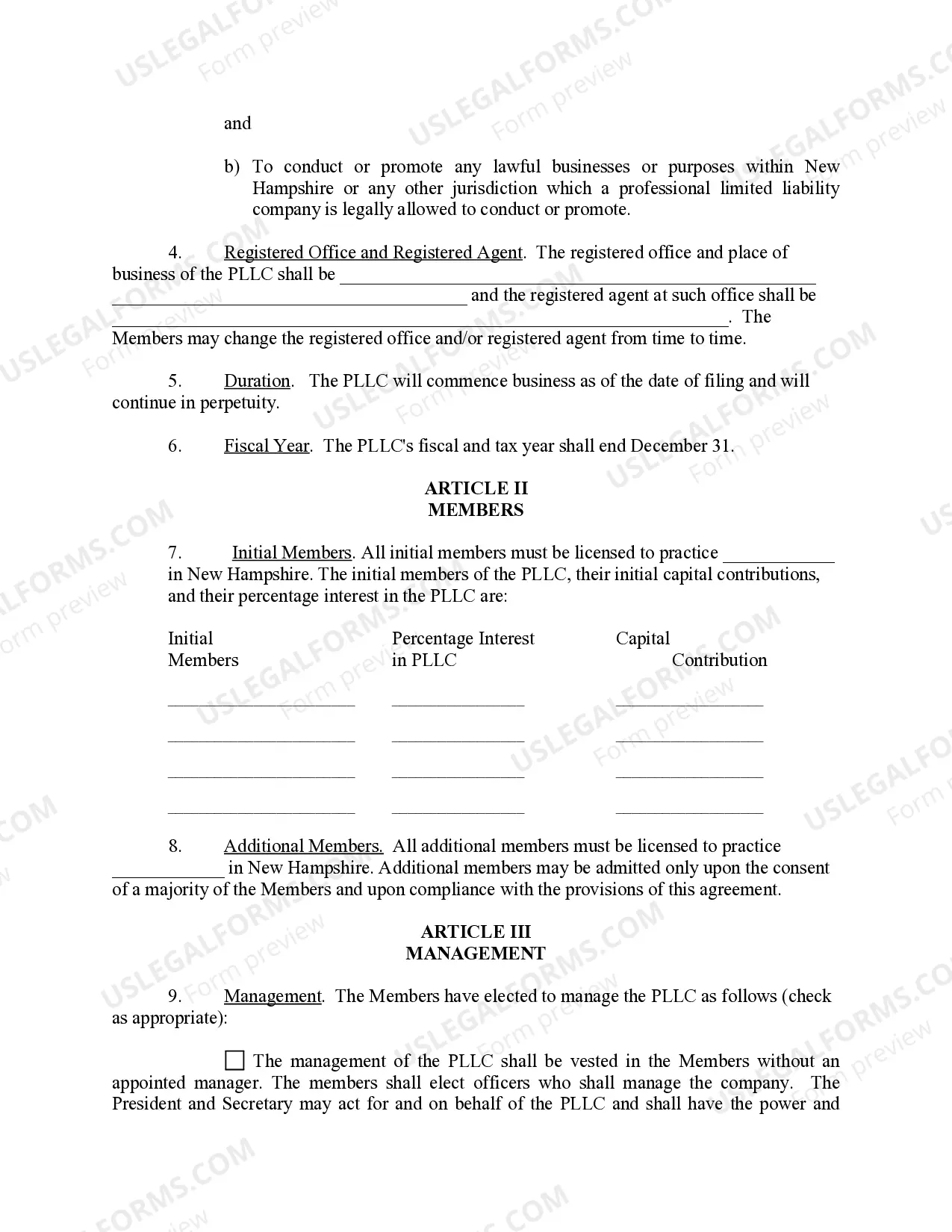 Preview New Hampshire Professional Limited Liability Company PLLC Formation Package