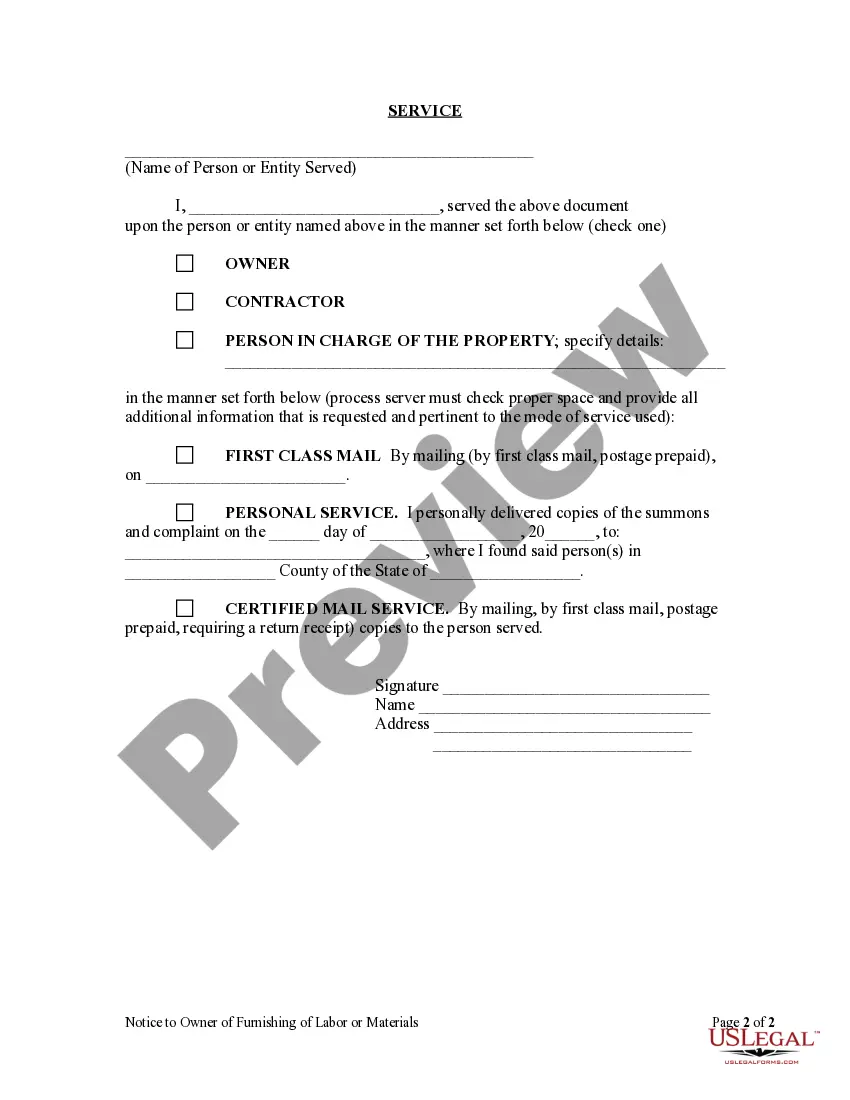 Get Notice to Owner of Furnishing of Labor or Materials - Individual Preview Notice to Owner of Furnishing of Labor or Materials - Individual