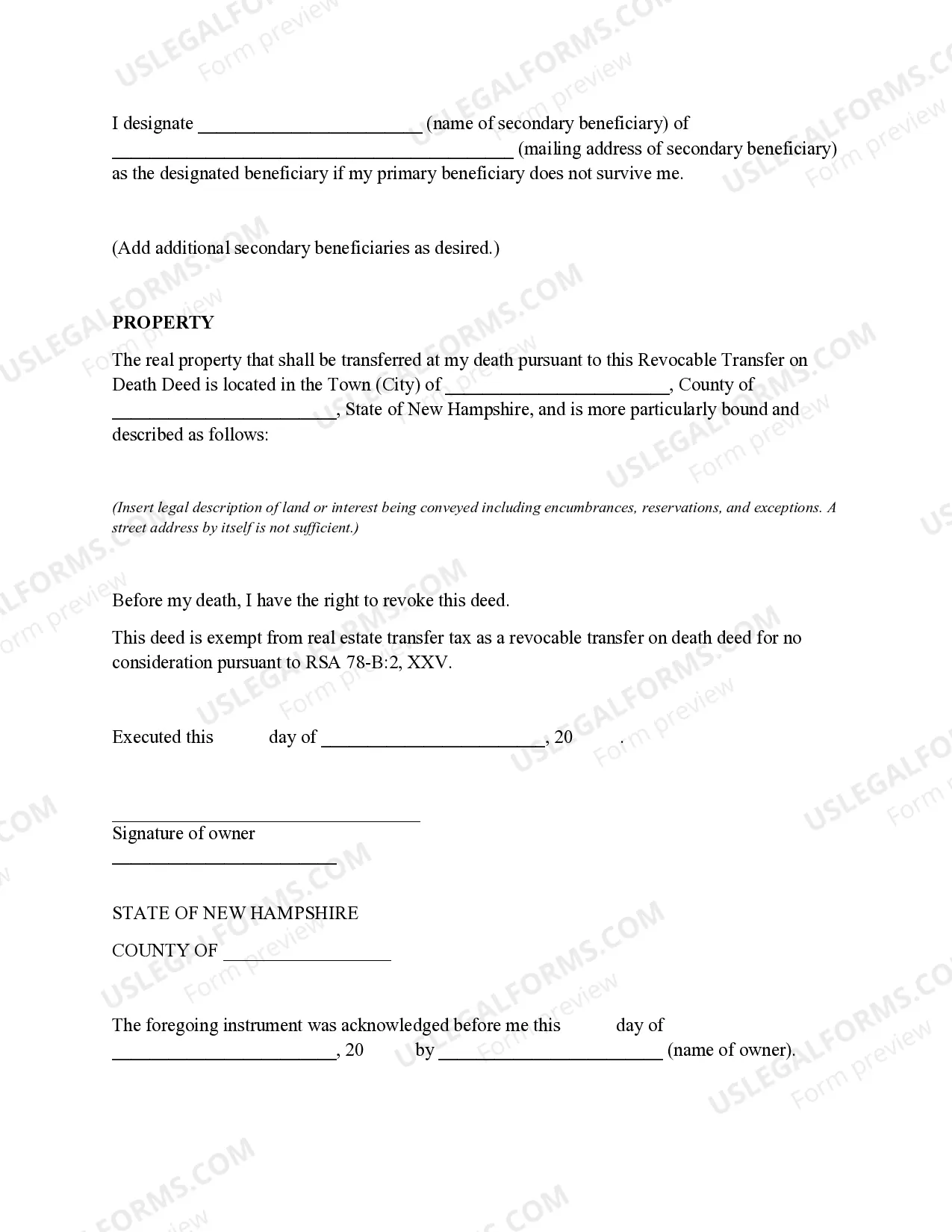 Preview New Hampshire Revocable Transfer on Death Deed