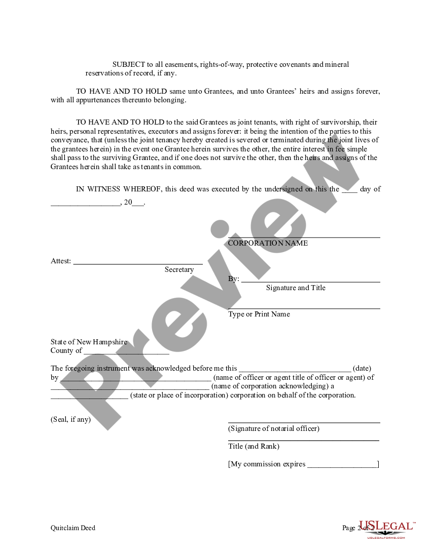 New Hampshire Quitclaim Deed from Corporation to Husband and Wife | US ...