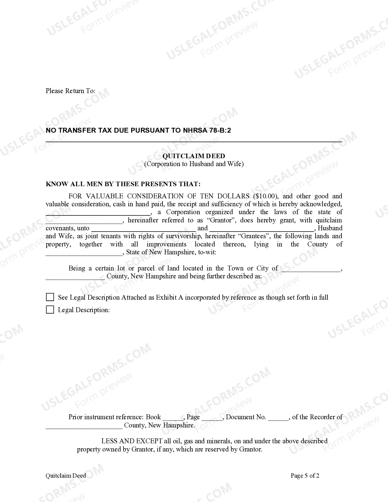 Preview Quitclaim Deed from Corporation to Husband and Wife