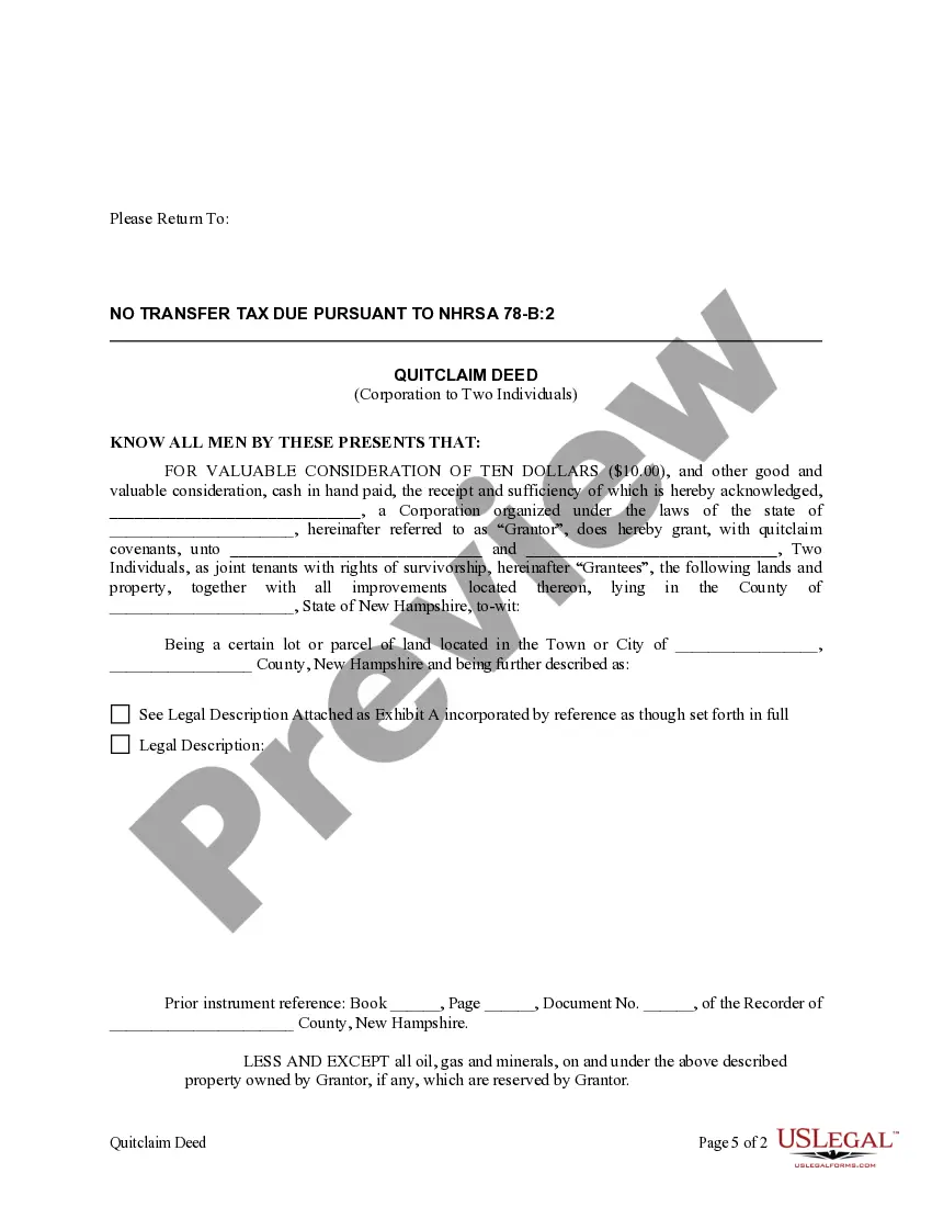 Preview Quitclaim Deed from Corporation to Two Individuals