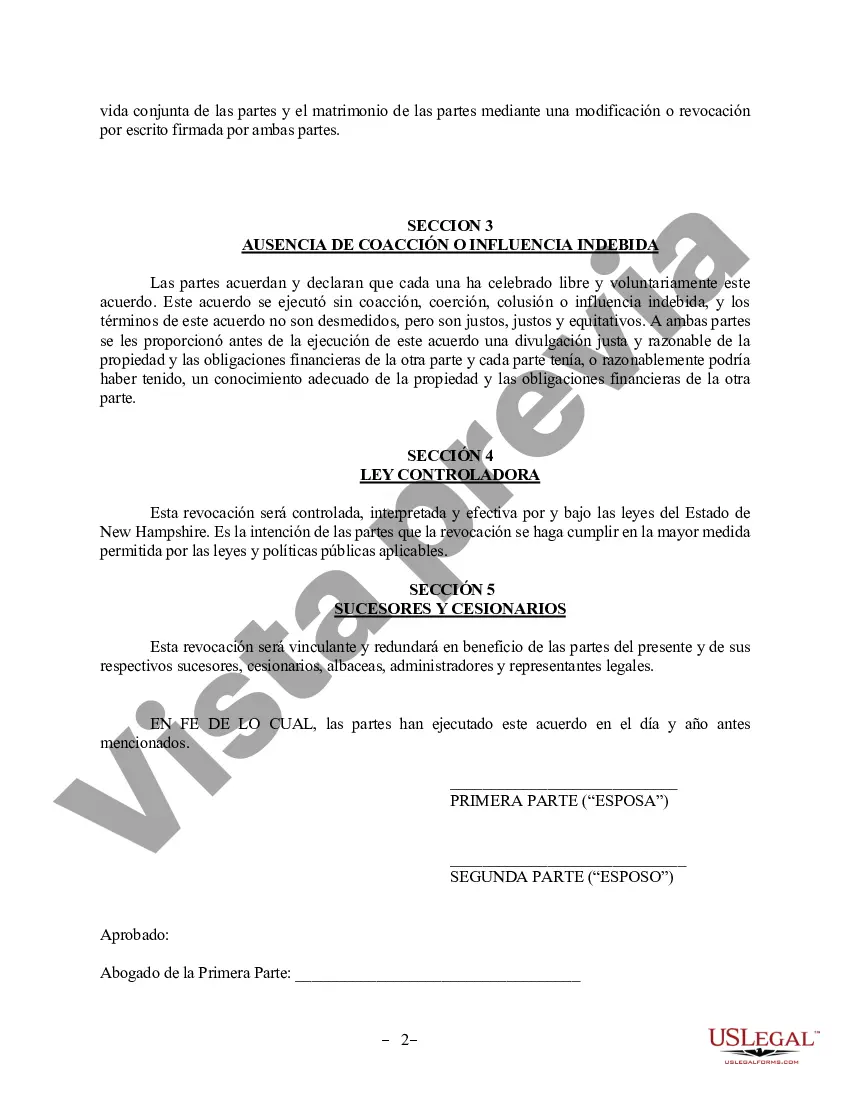 Preview Revocación del Acuerdo de propiedad posnupcial - New Hampshire