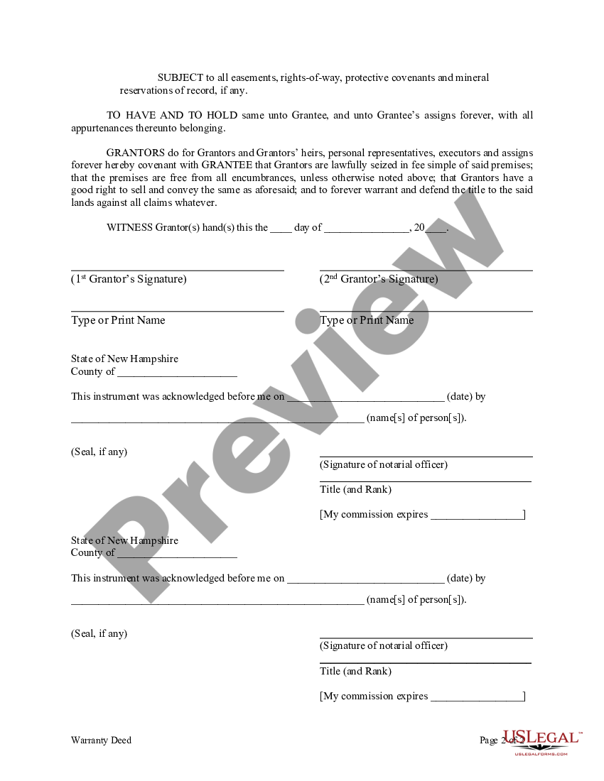 New Hampshire Warranty Deed from Husband and Wife to an Individual US