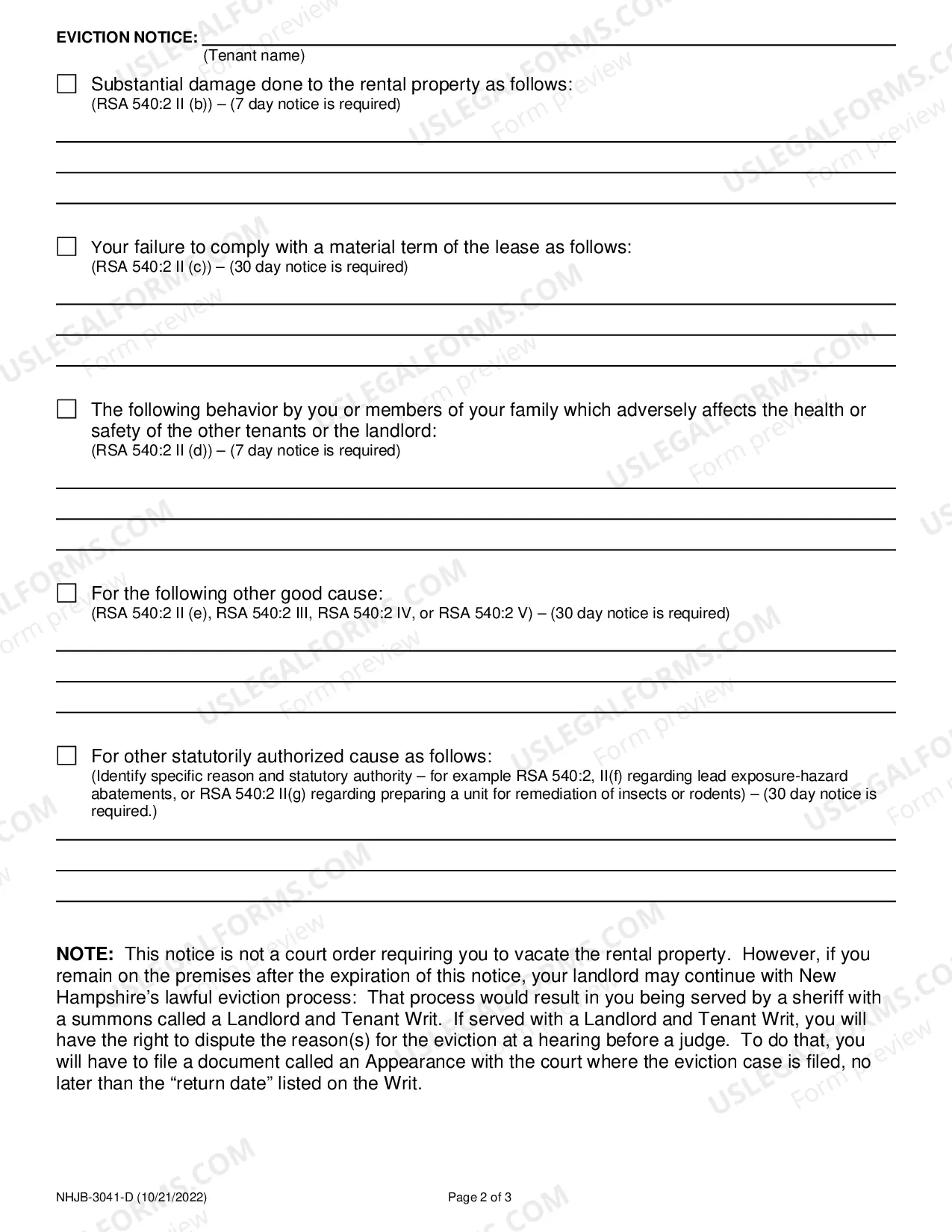 Preview New Hampshire Section 540:3 Eviction Notice