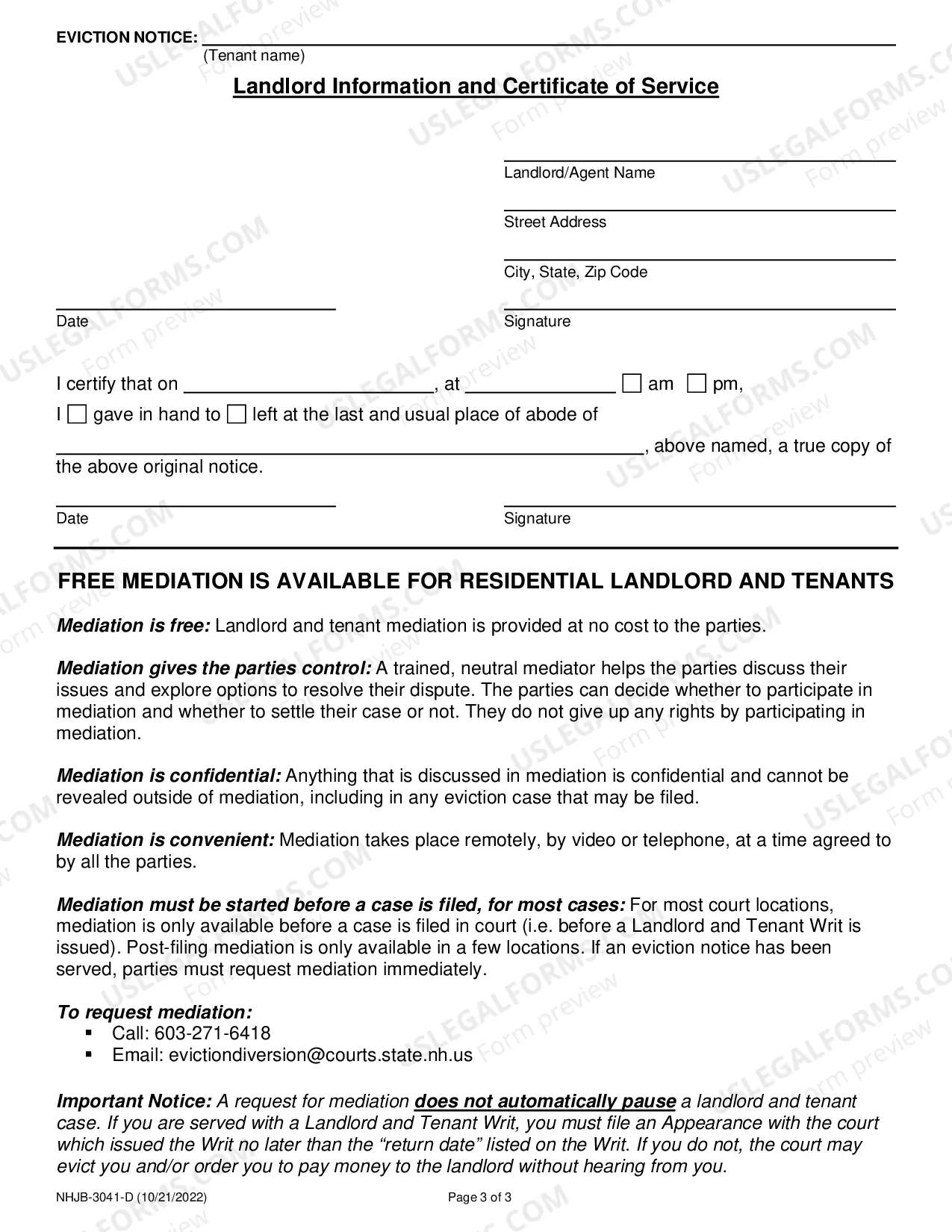 Preview New Hampshire Section 540:3 Eviction Notice