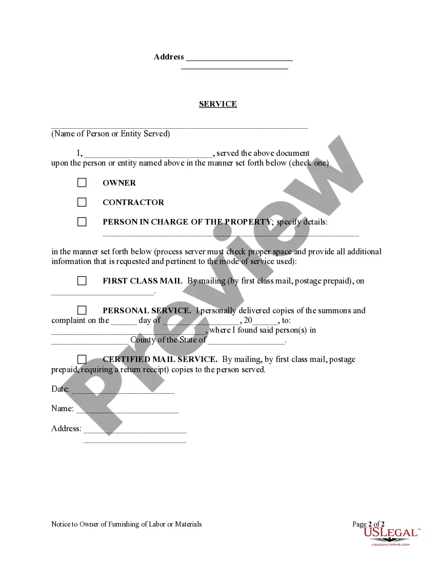 Get Notice to Owner of Furnishing of Labor or Materials - Corporation Preview Notice to Owner of Furnishing of Labor or Materials - Corporation