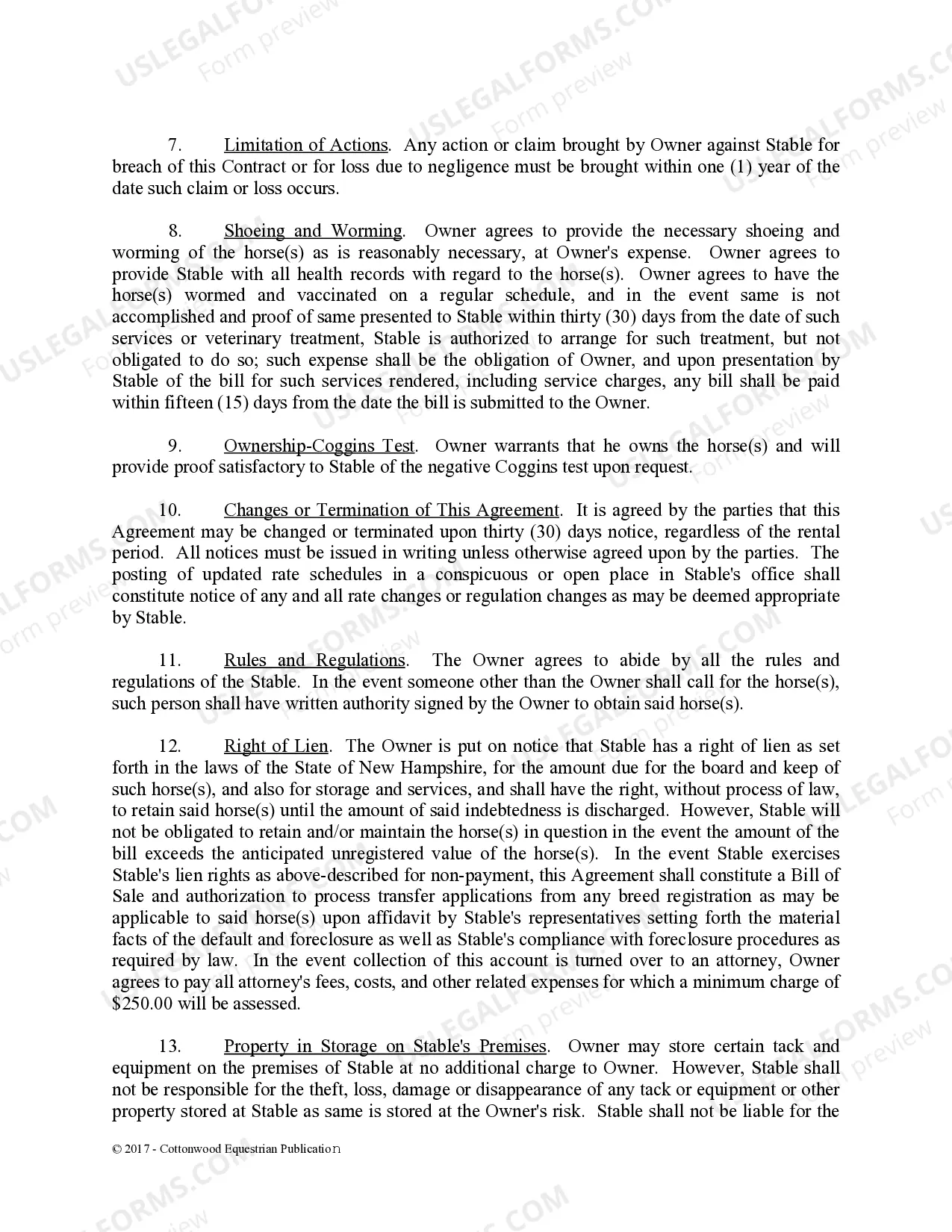 Preview Boarding Stable Agreement - Horse Equine Forms