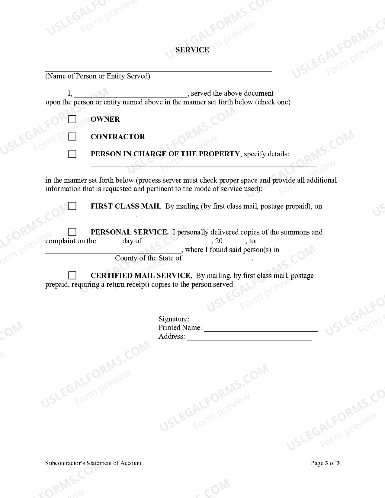 Preview Subcontractor's Notice of Account - Individual