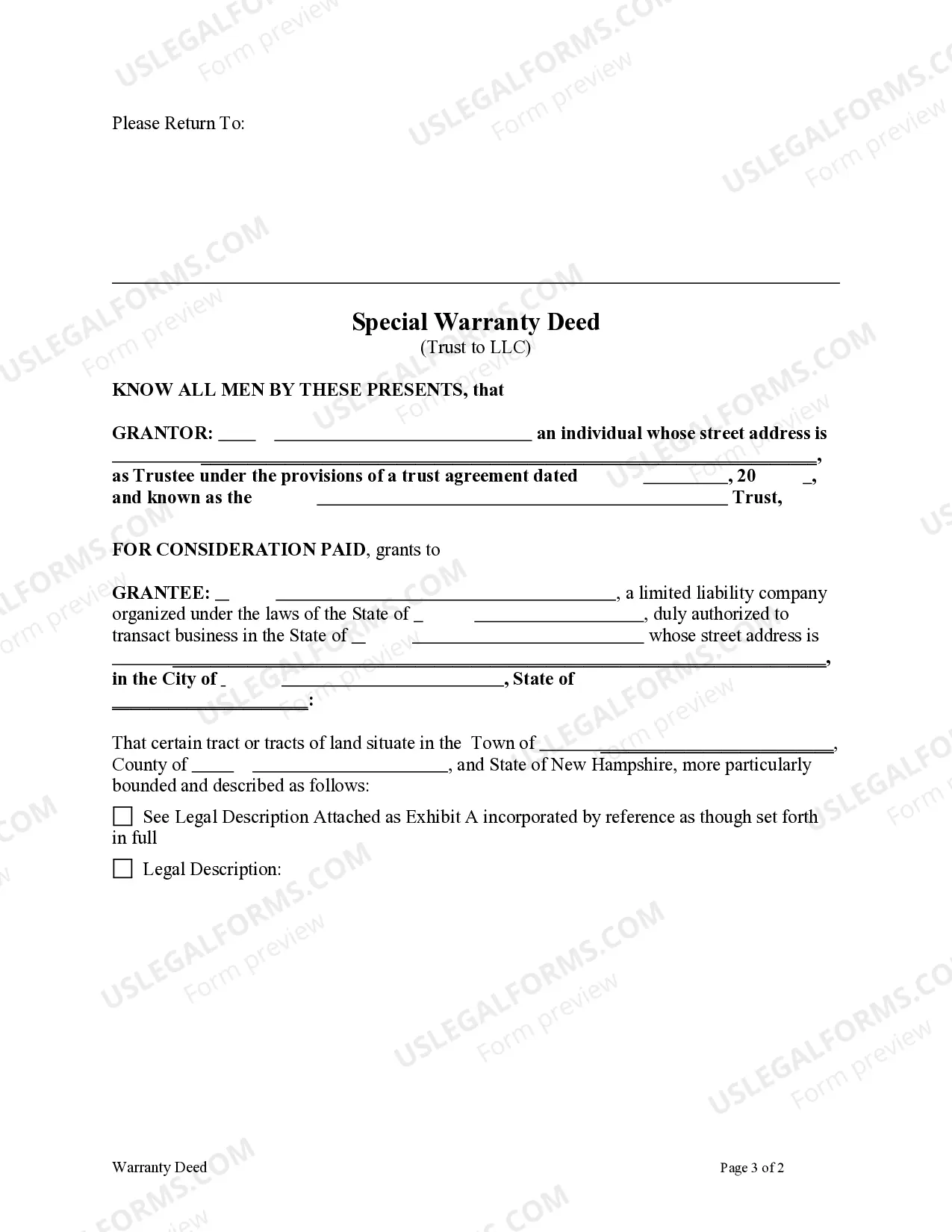Preview Special Warranty Deed from a Trust to a Limited Liability Company (LLC)