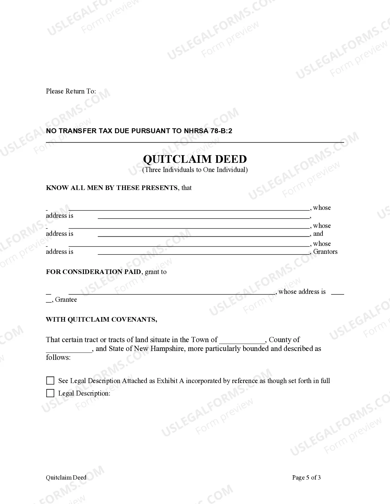 Preview Quitclaim Deed - Three Individuals to One Individual