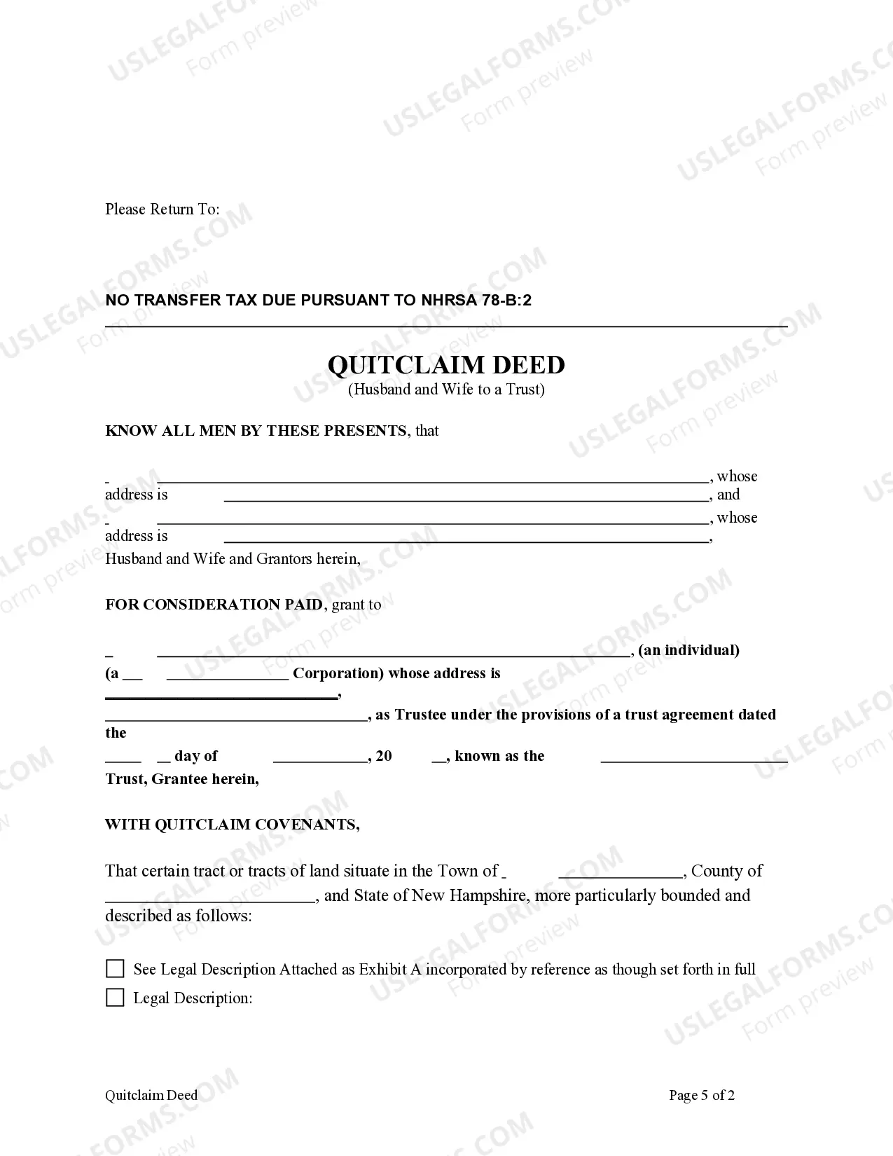 Preview Quitclaim Deed - Husband and Wife to a Trust
