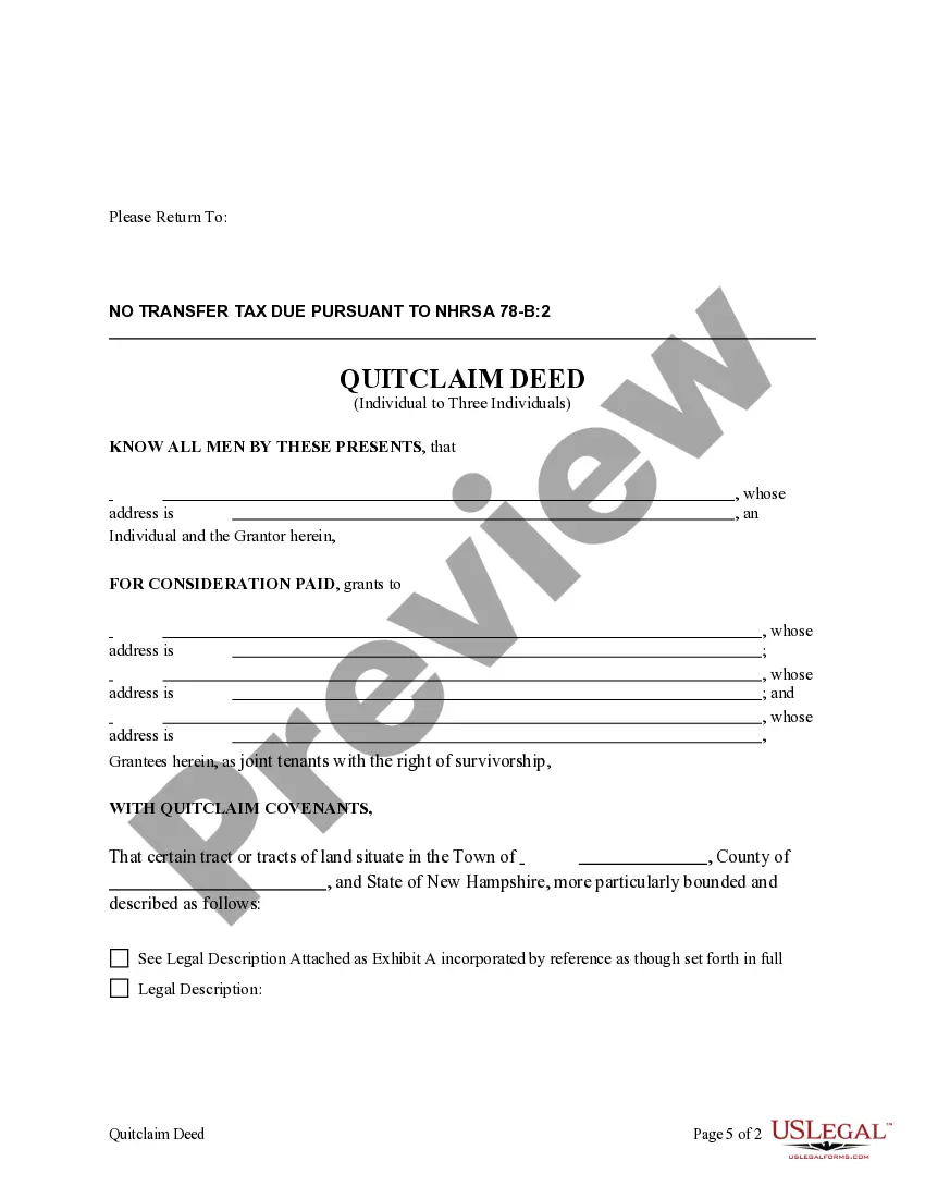 Get Quitclaim Deed from an Individual to Three Individuals Preview Quitclaim Deed from an Individual to Three Individuals