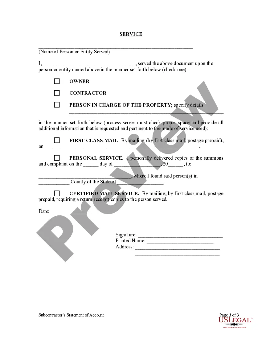 Preview Subcontractor's Notice of Account - Corporation