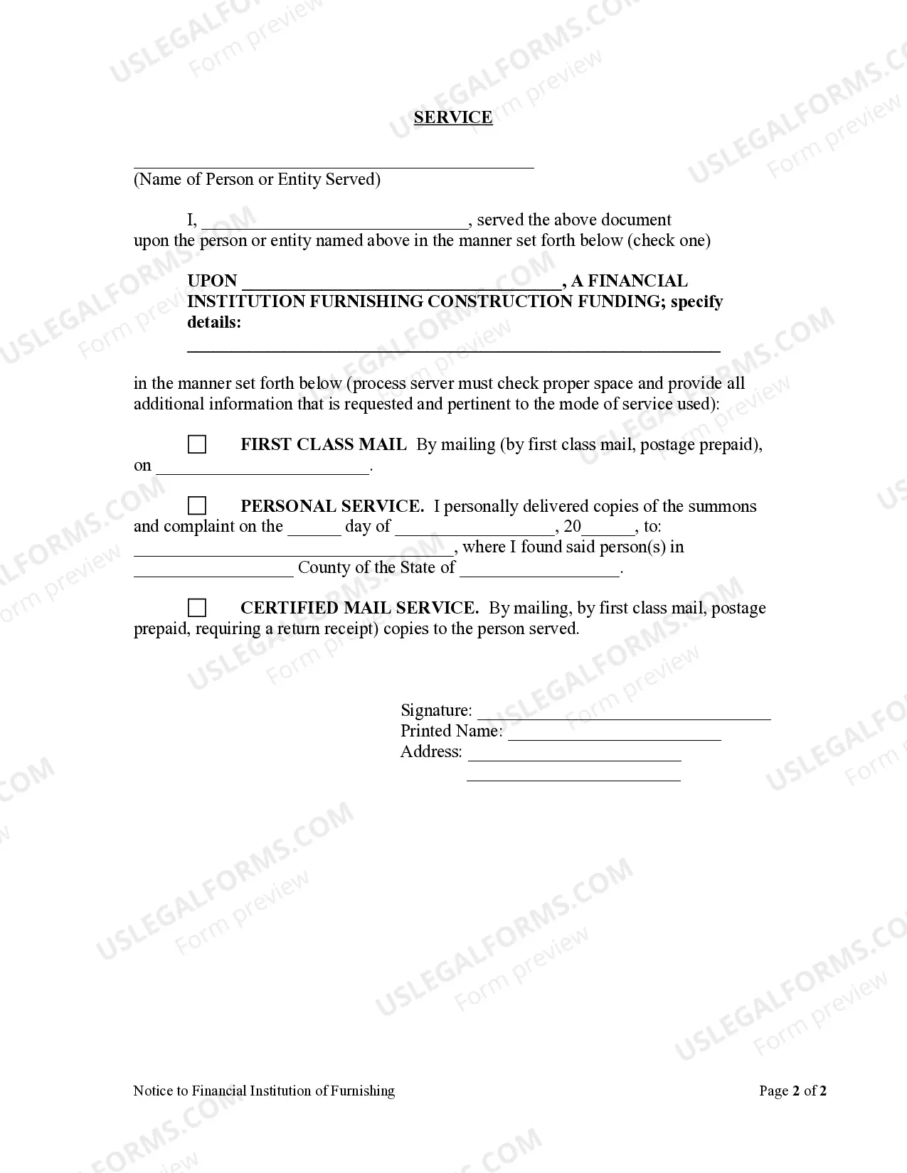 Preview Notice to Financial Institution of Furnishing of Labor or Materials - Individual