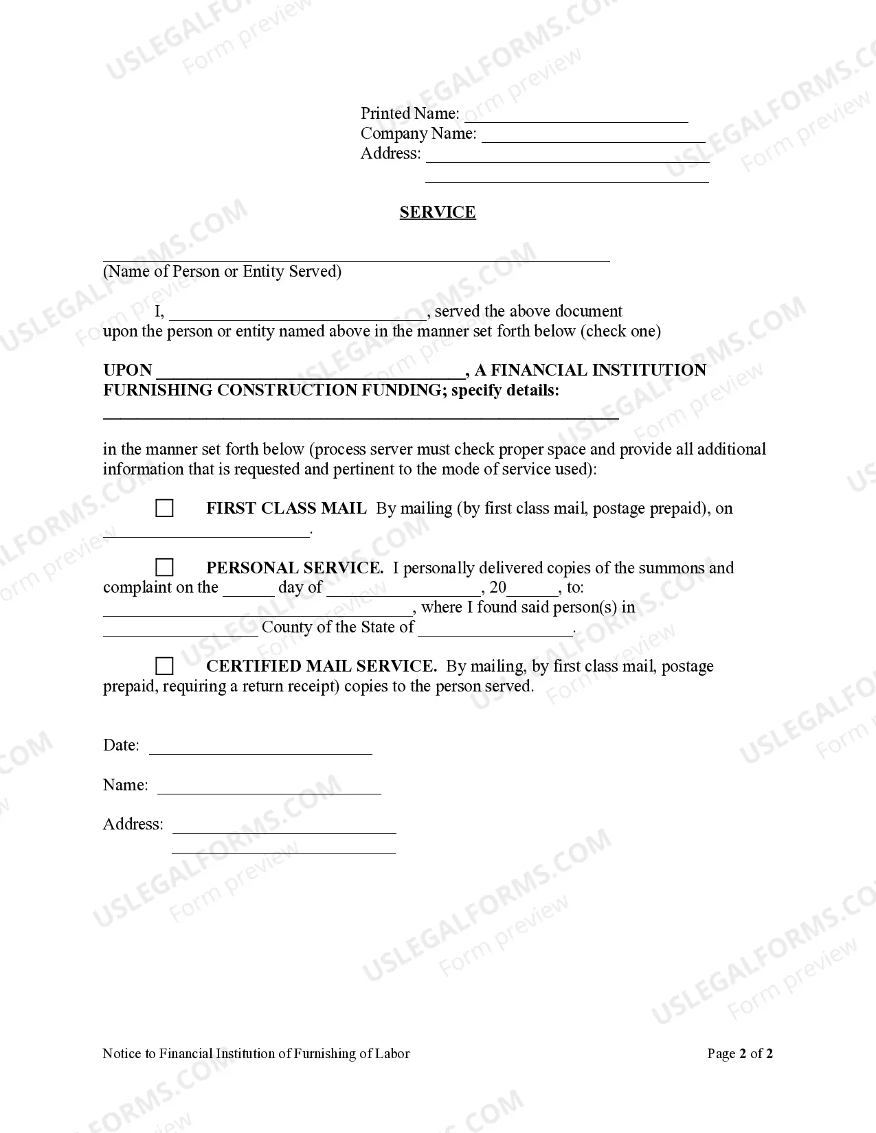 Preview Notice to Financial Institution of Furnishing of Labor or Materials - Corporation