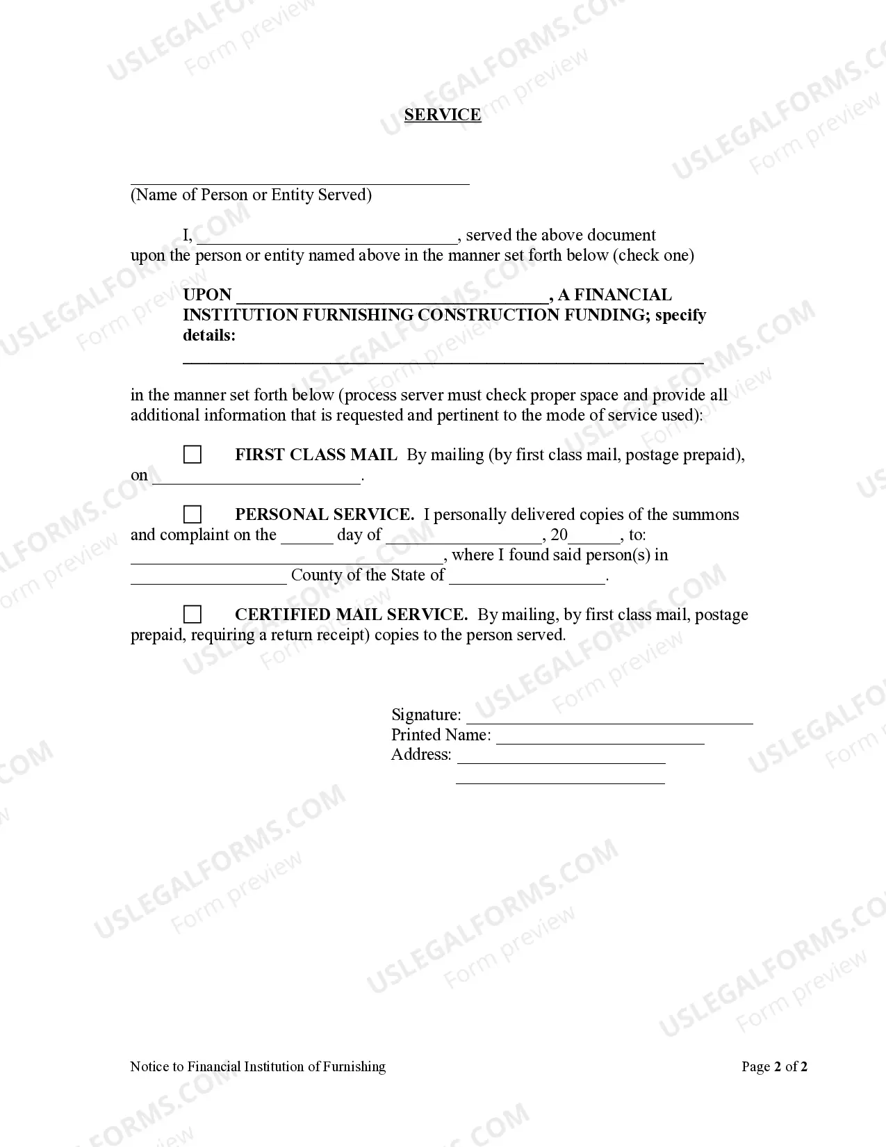 Preview Notice to Financial Institution of Furnishing of Labor or Materials - Railroad - Individual