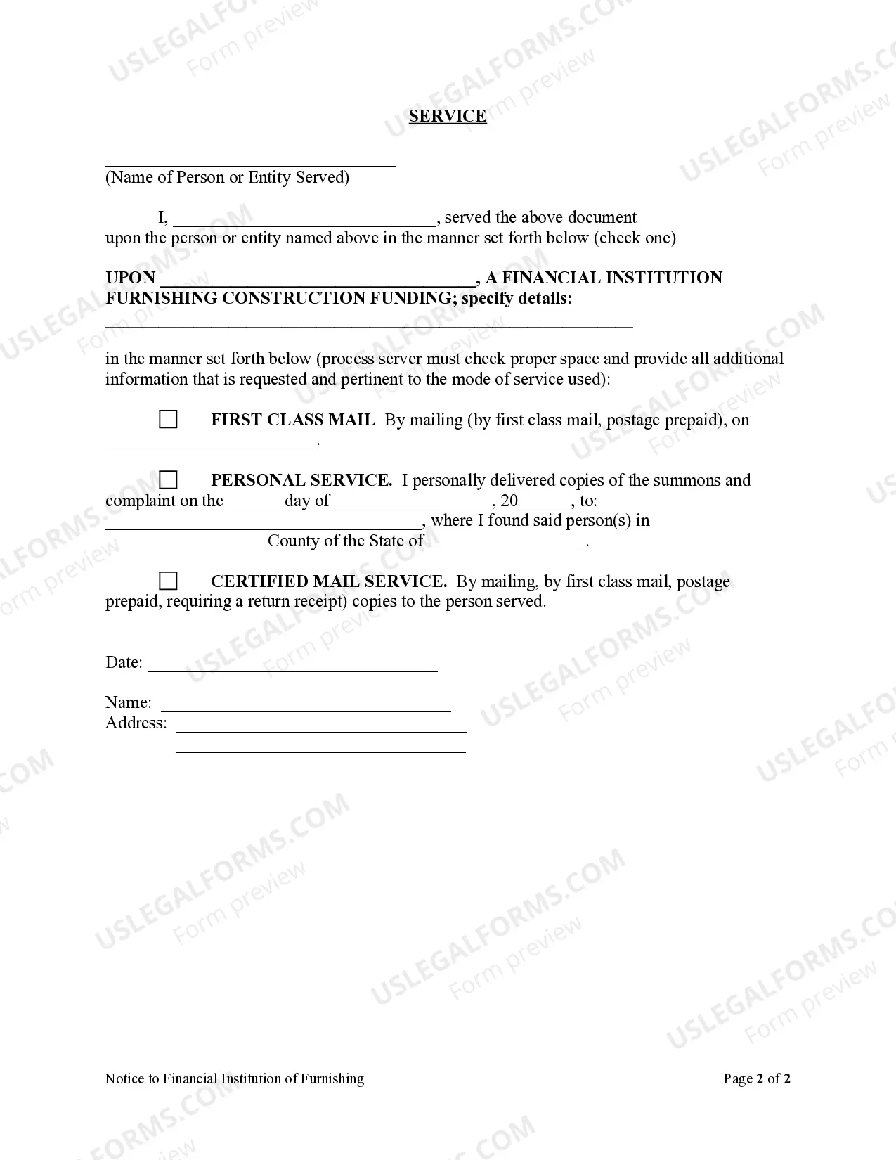 Preview Notice to Financial Institution of Furnishing of Labor or Materials - Railroad - Corporation or LLC
