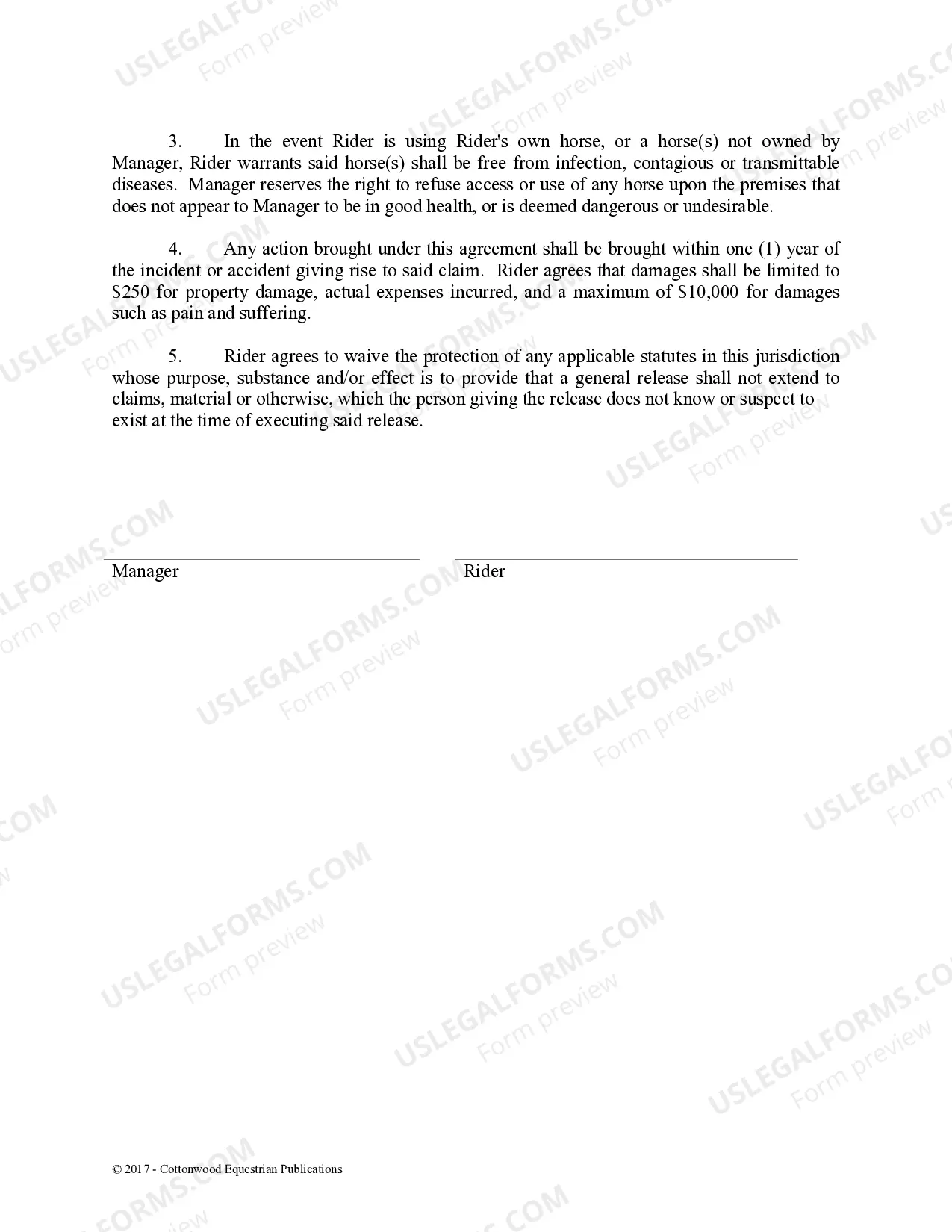 Preview Release of Liability Owner Rider - Horse Equine Forms