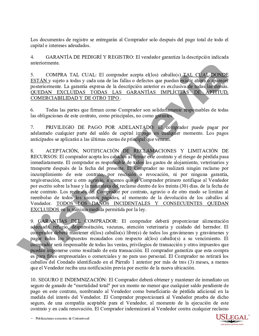 Preview Acuerdo de seguridad y compra a plazos sin garantías limitadas - Formularios equinos de caballos