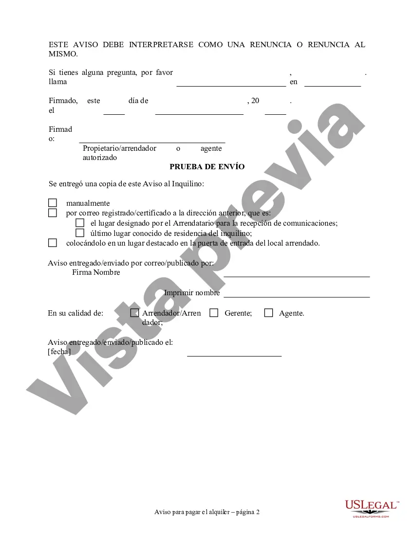 Preview Aviso de 30 días para pagar el aumento del alquiler o la rescisión del contrato de arrendamiento de la propiedad residencial