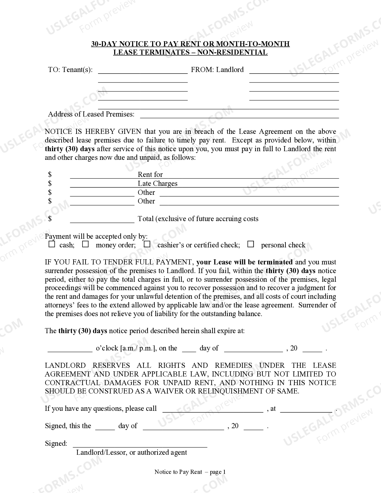 New Hampshire 30 Day Notice to pay rent or lease terminated Month to