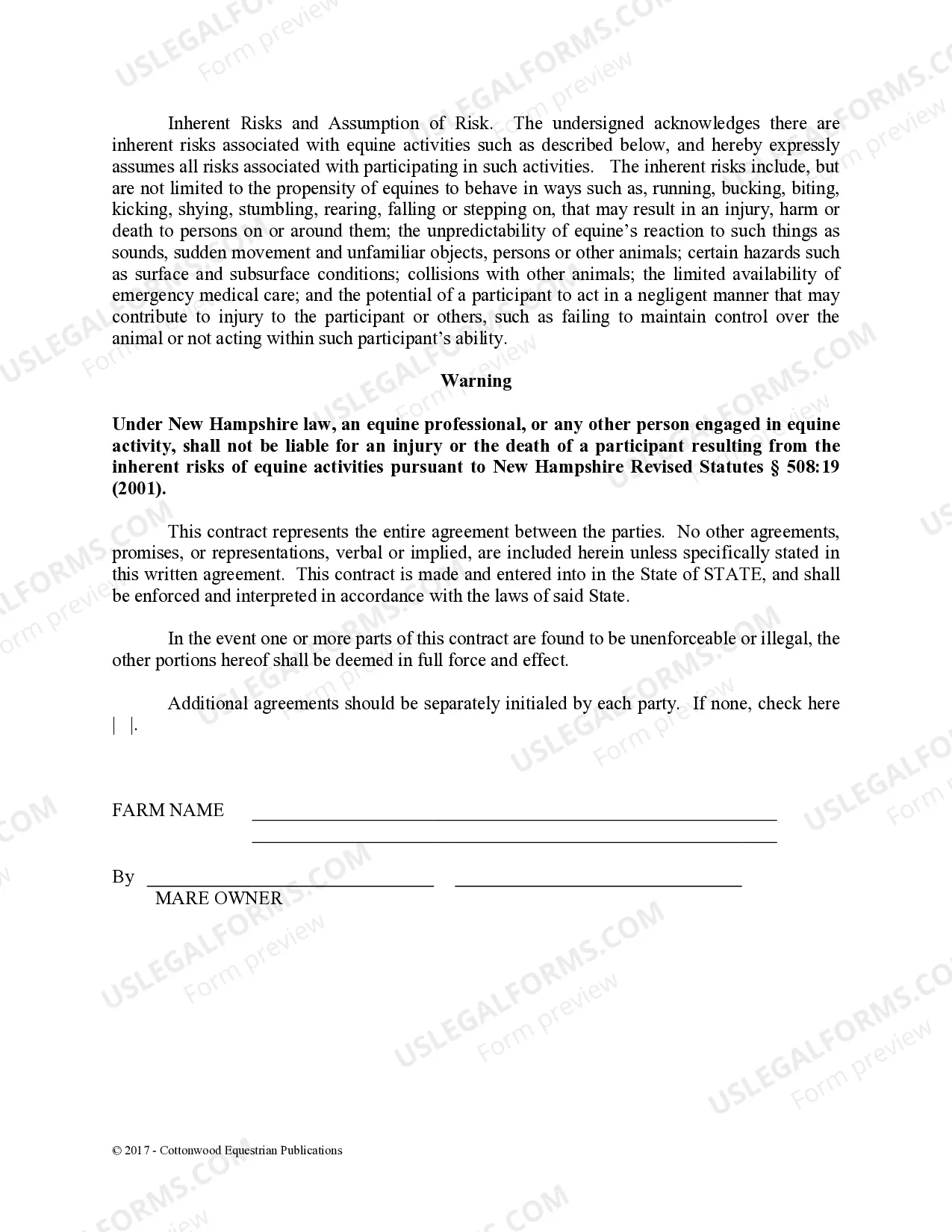 Preview Stallion Service Contract - Horse Equine Forms