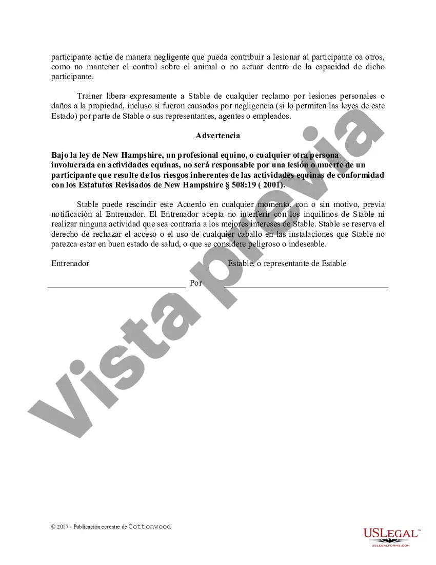 Preview Acuerdo de uso de las instalaciones del entrenador - Formularios equinos de caballos