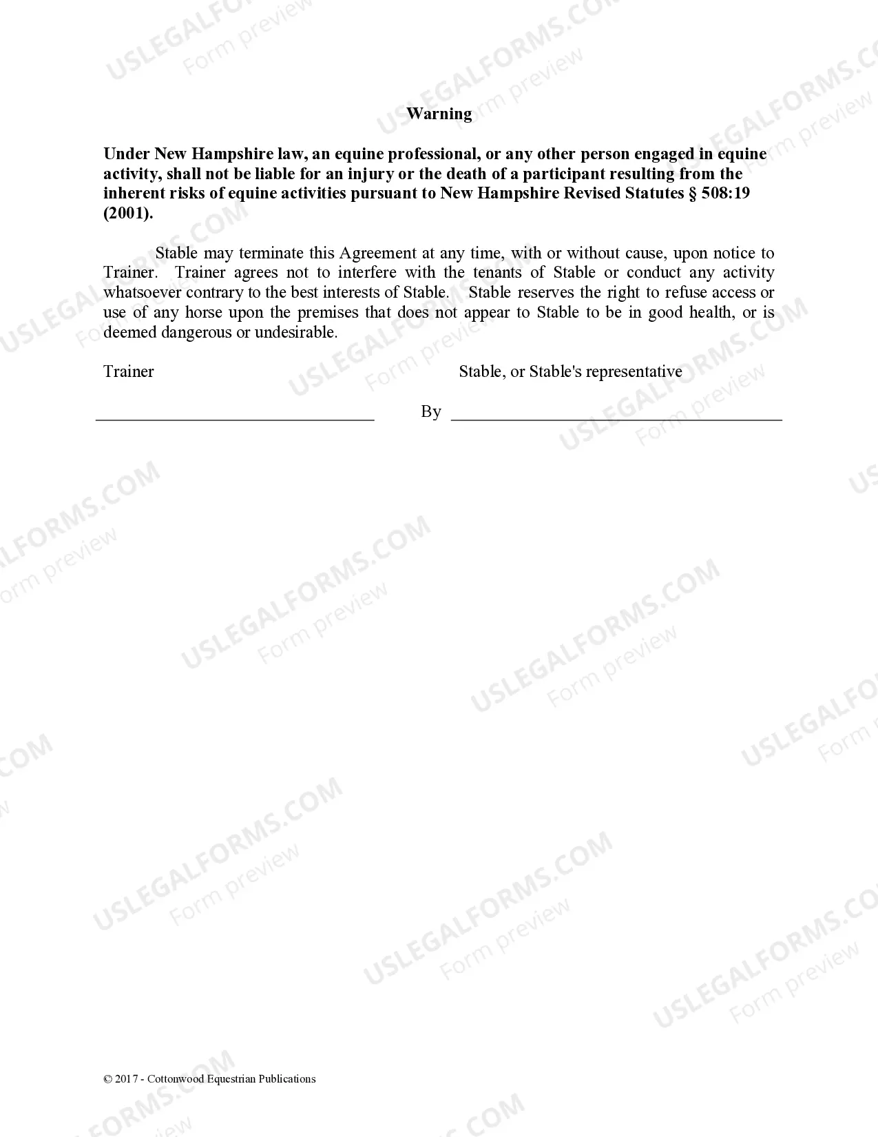 Preview Trainer's Facility Use Agreement - Horse Equine Forms