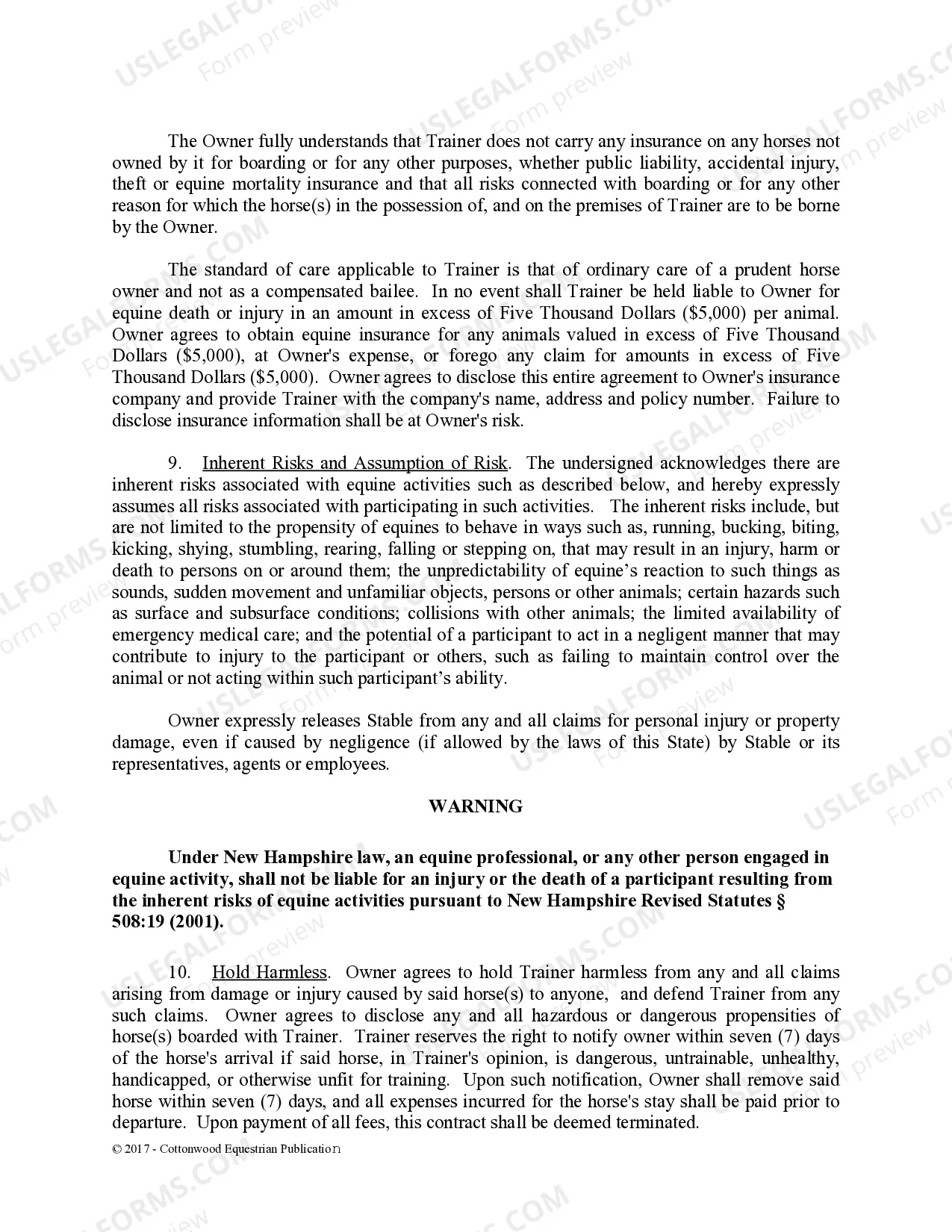 Preview Training Contract - Horse Equine Forms