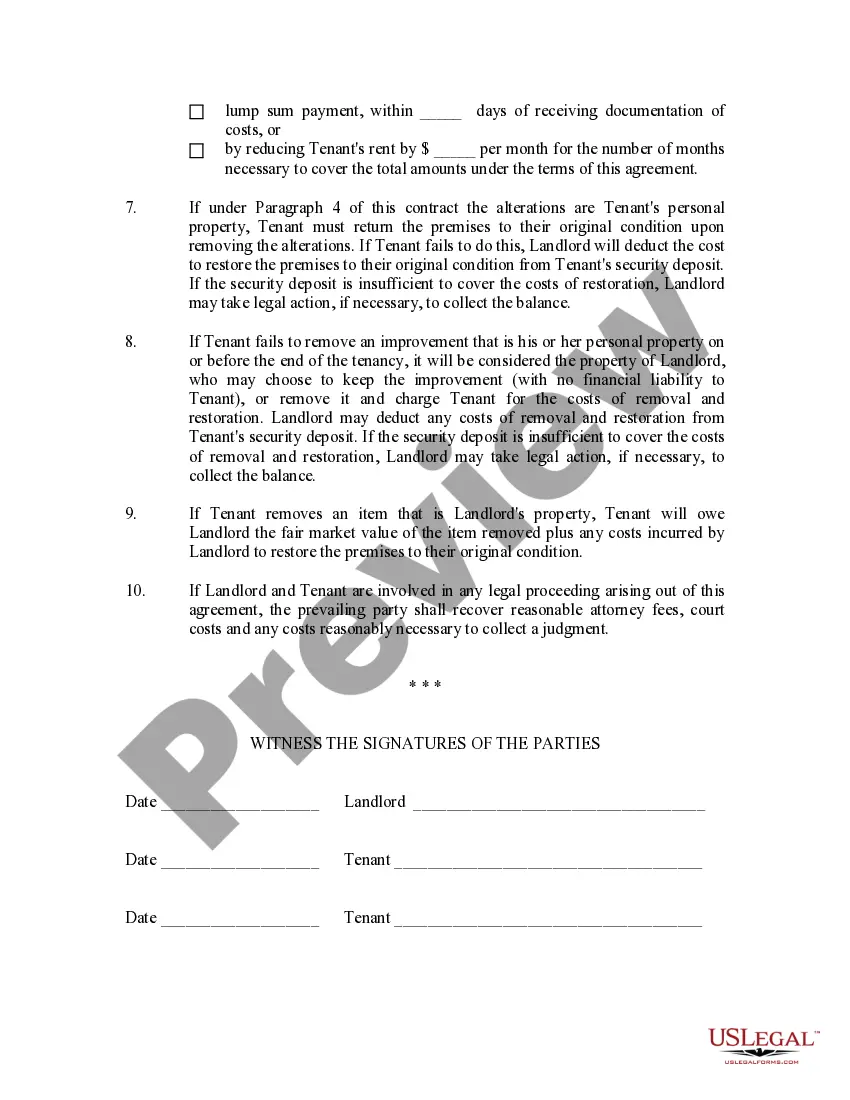 Get Landlord Agreement to allow Tenant Alterations to Premises Preview Landlord Agreement to allow Tenant Alterations to Premises