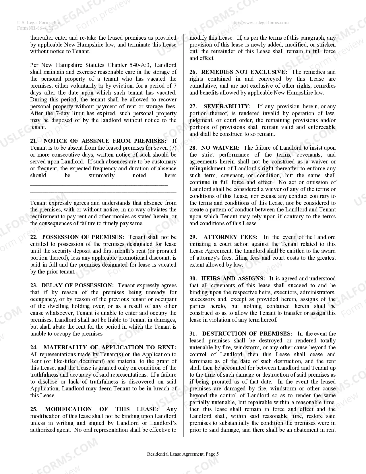 Preview Residential Lease or Rental Agreement for Month to Month