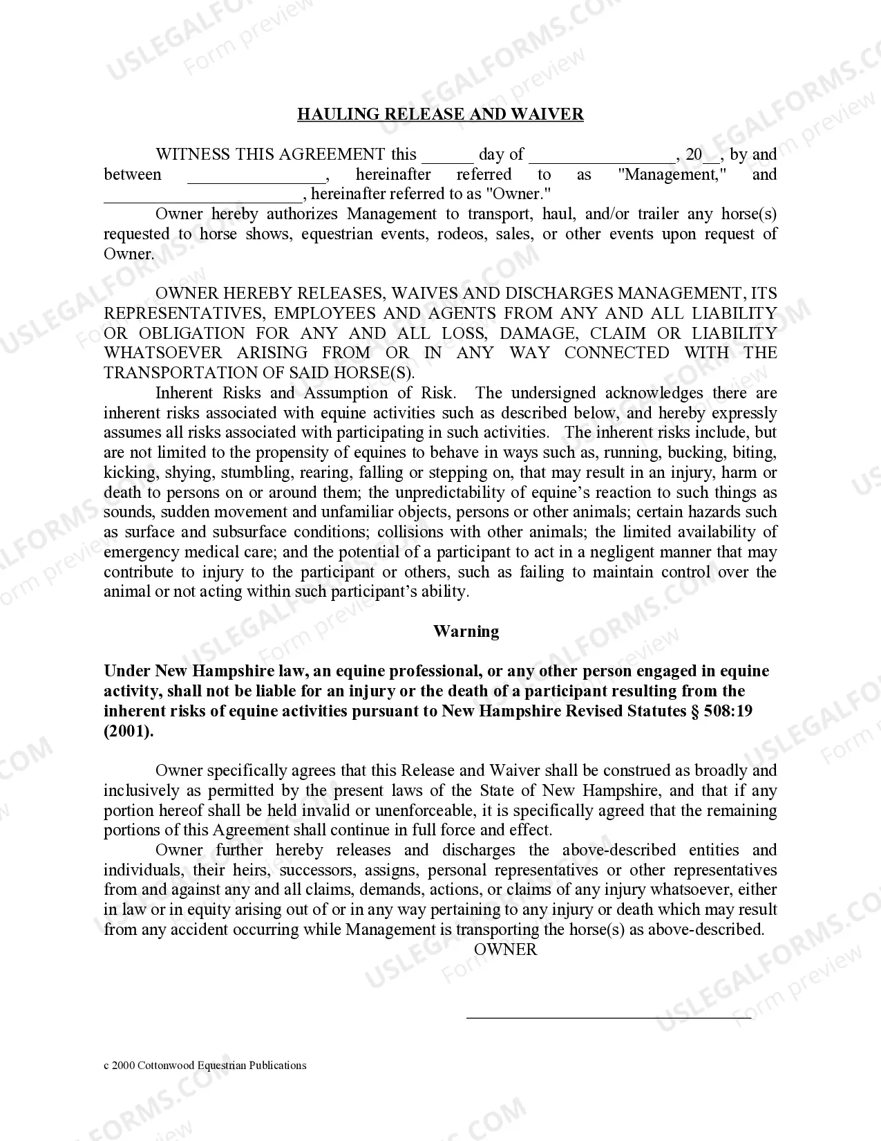 Preview New Hampshire Horse Equine Forms Package