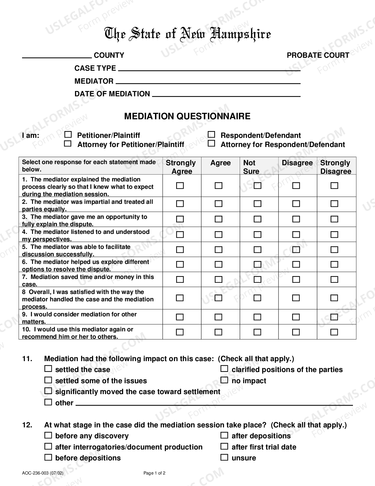 Mediation Questions Examples New Hampshire Mediation Questionnaire | US Legal Forms