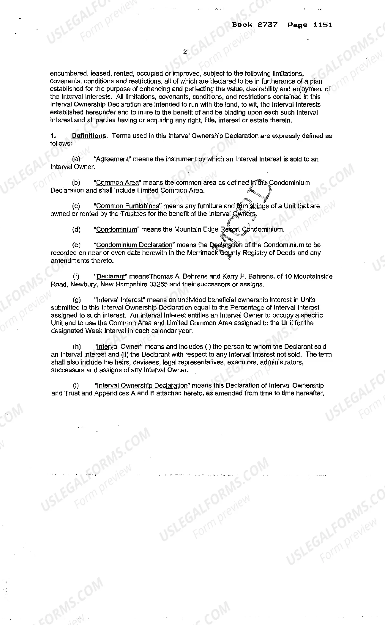 Preview Declaration of Interval Ownership and Trust of a Resort