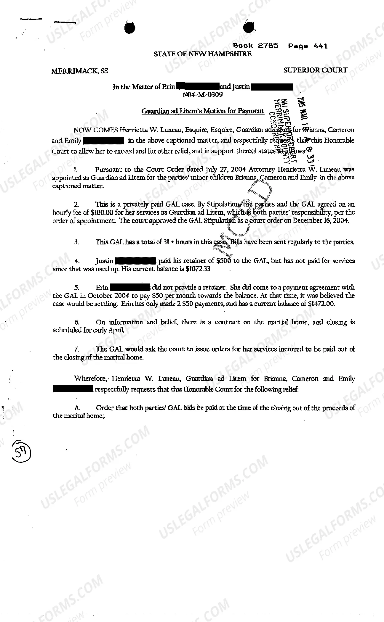 Preview Guardian Ad Litem's Motion and Order for Payment from the Sale of Marital Residence