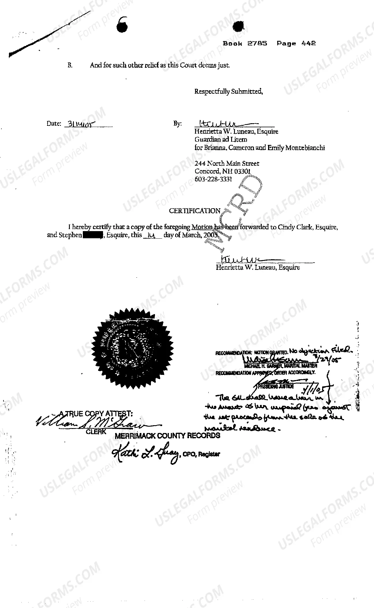 Preview Guardian Ad Litem's Motion and Order for Payment from the Sale of Marital Residence