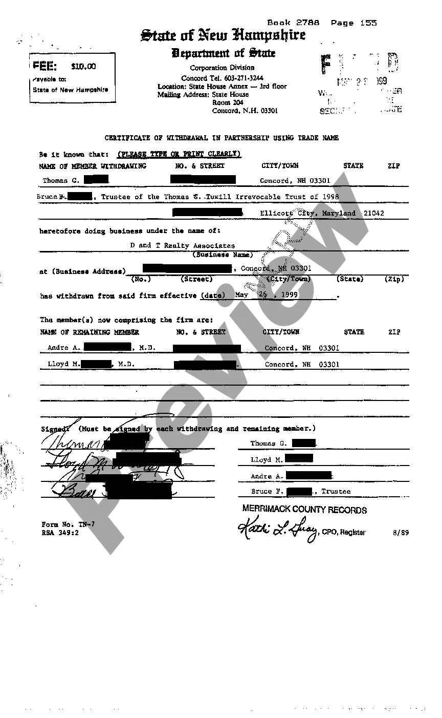 Preview Certificate of Withdrawal in Partnership Using Trade Name