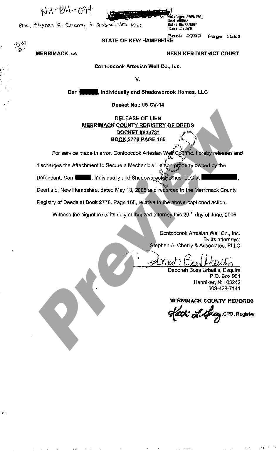 New Hampshire Release of Lien of County Registry of Deeds New